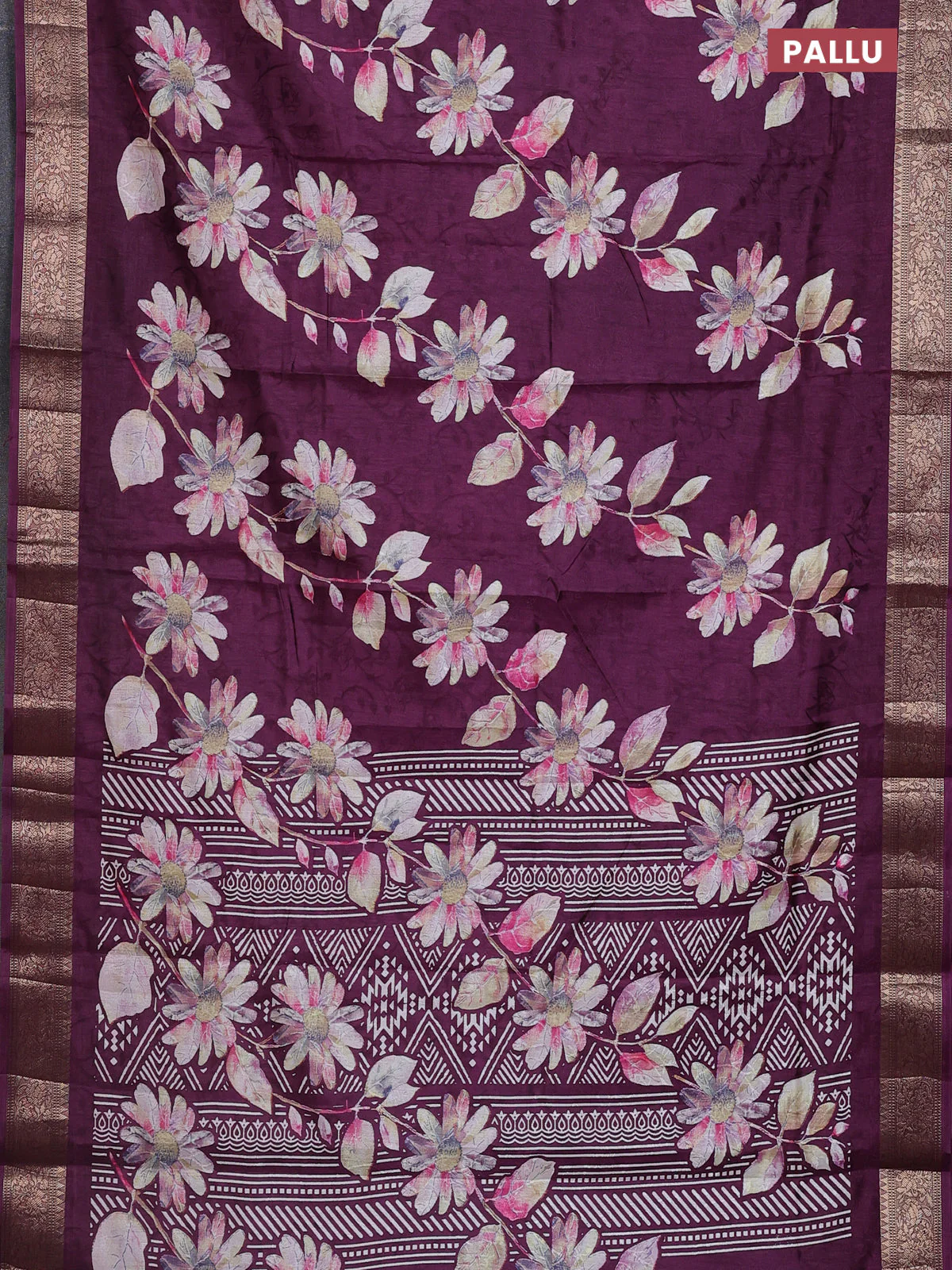 Semi dola saree wine shade with floral prints & self emboss and zari woven border - Image 3