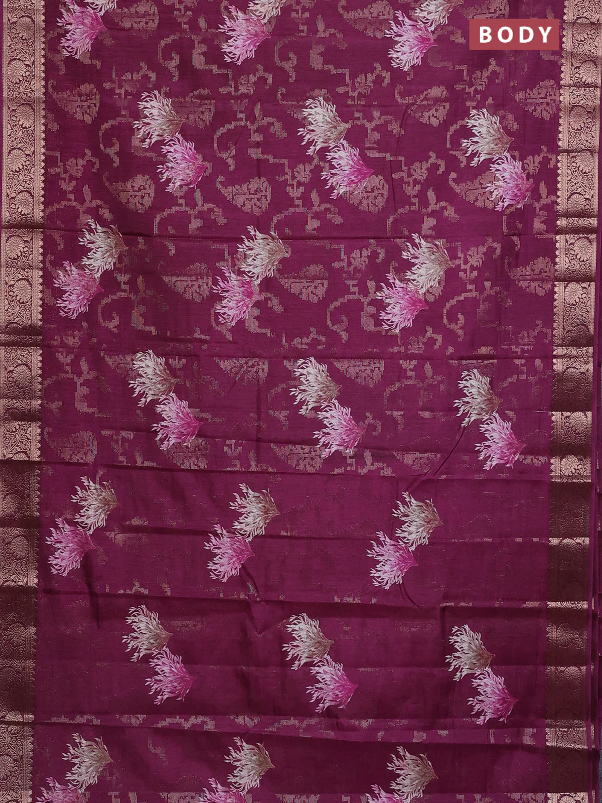 Semi dola saree wine shade with floral prints & zari weaves and zari woven border - Image 2