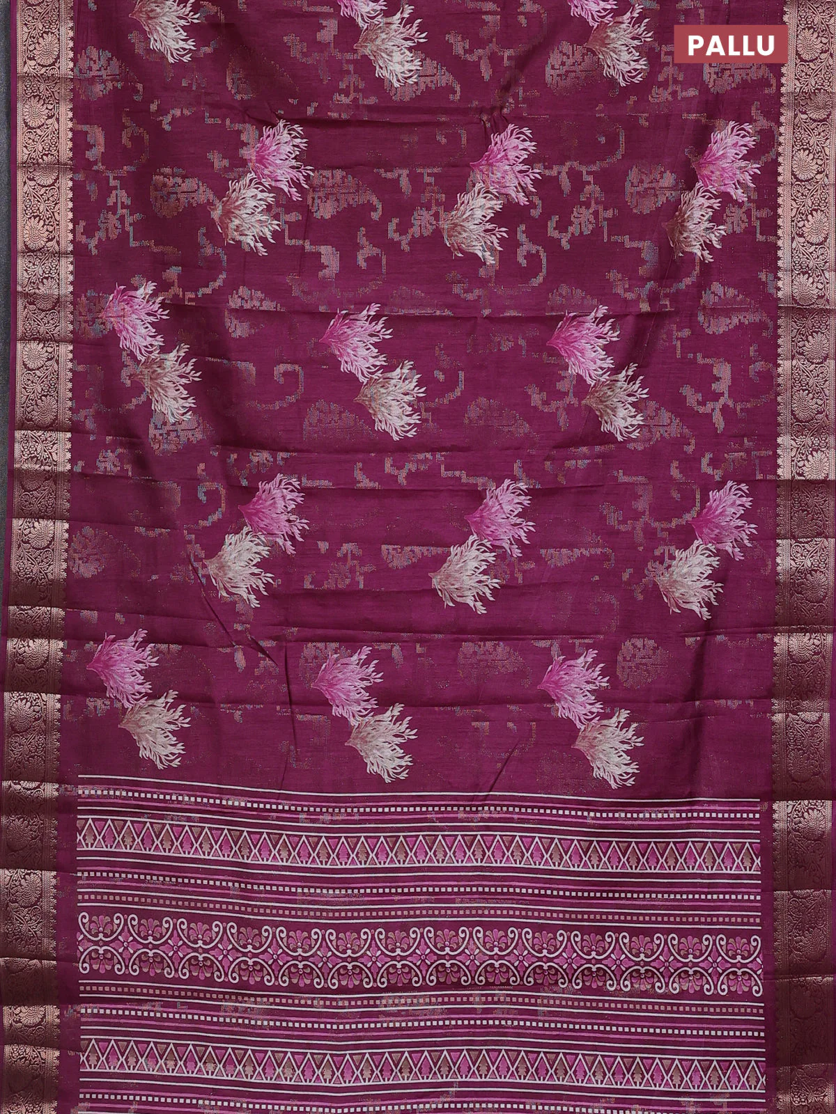 Semi dola saree wine shade with floral prints & zari weaves and zari woven border - Image 3
