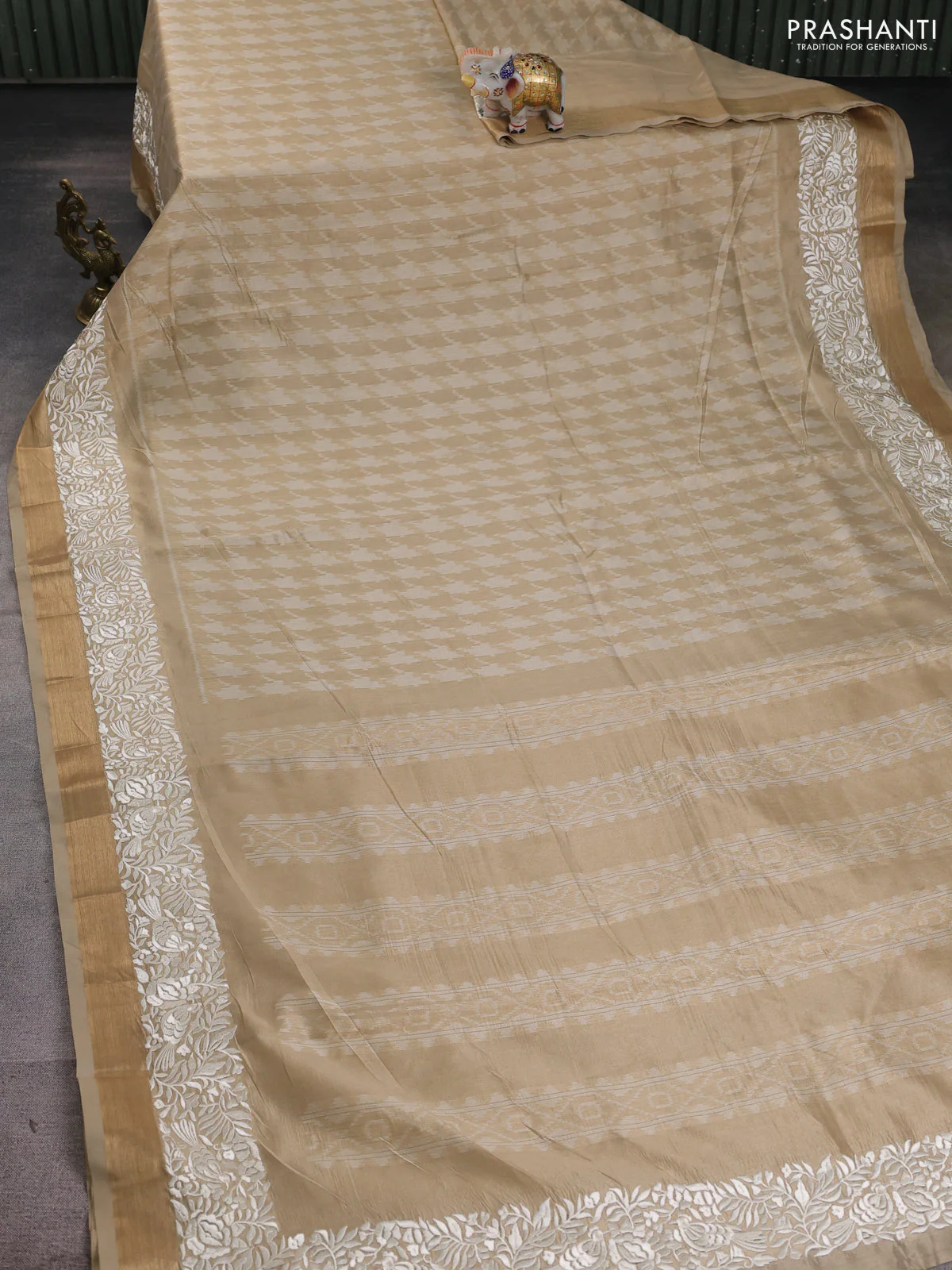 Semi dupion saree beige with allover thread weaves and parsi embroidery work zari woven border - Image 2