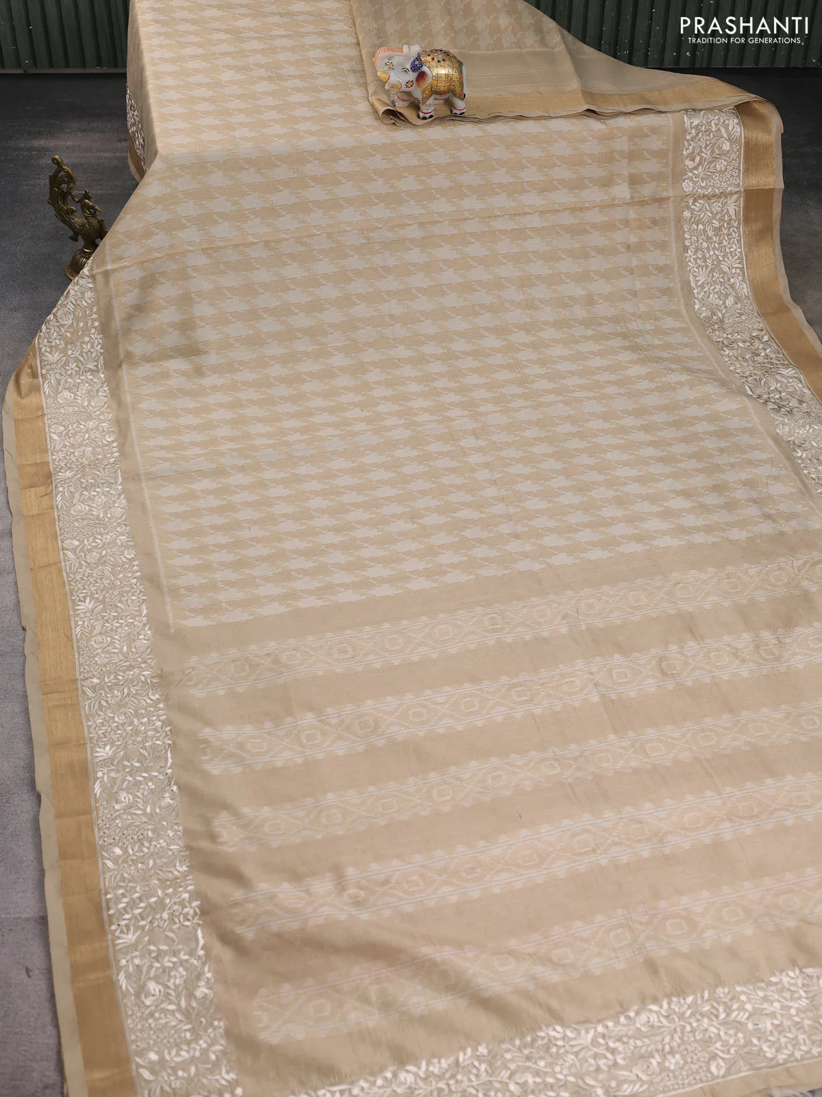 Semi dupion saree beige with allover thread weaves and parsi embroidery work zari woven border - Image 2