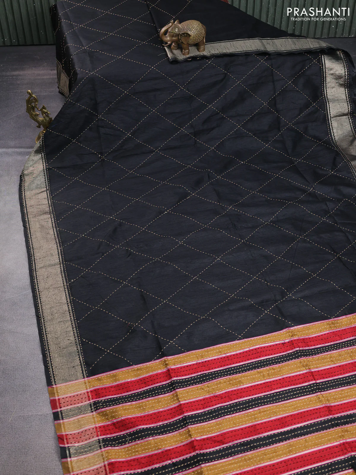 Semi dupion saree black and multi colour with allover kantha stitch work and zari woven border - Image 2