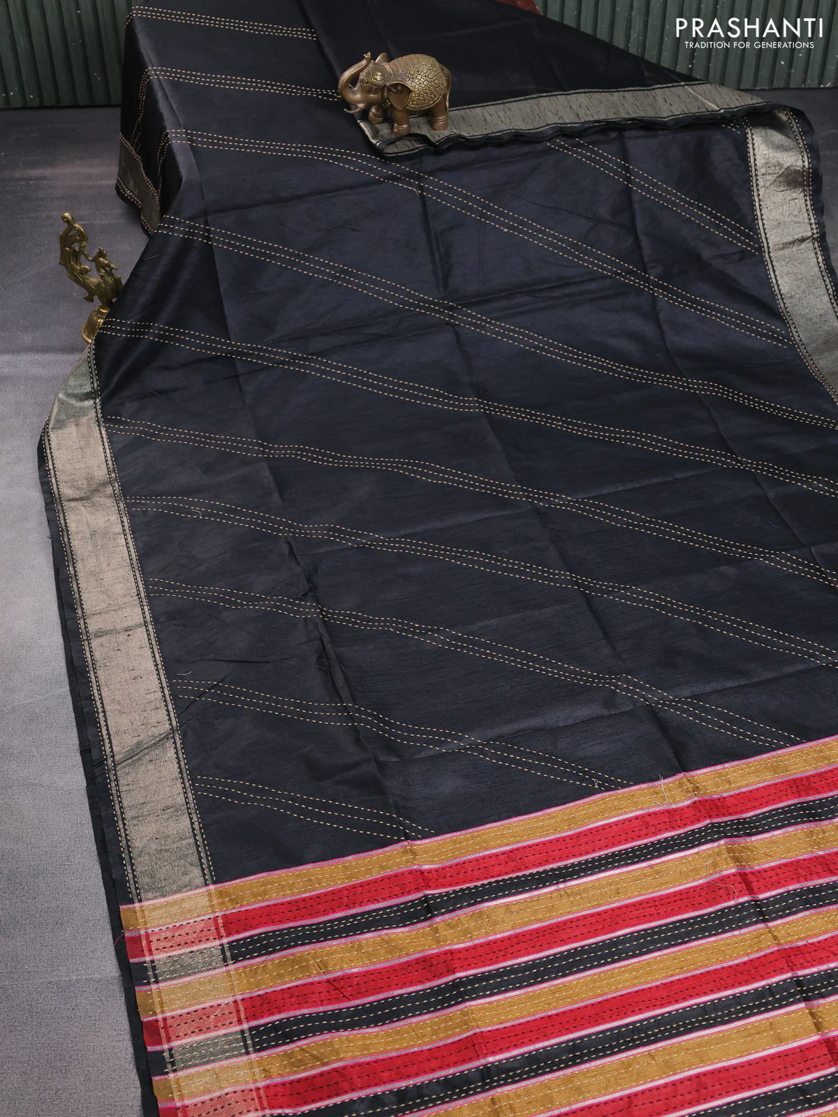 Semi dupion saree black and multi colour with allover kantha stitch work and zari woven border - Image 2