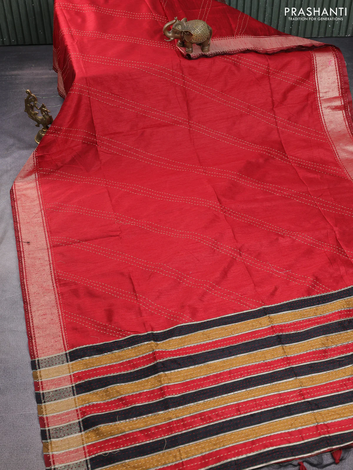 Semi dupion saree black and multi colour with allover kantha stitch work and zari woven border - Image 2