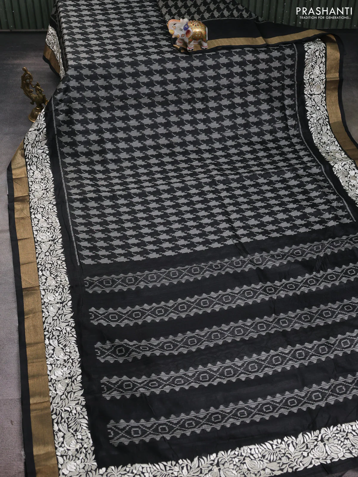 Semi dupion saree black with allover thread weaves and parsi embroidery work zari woven border - Image 2