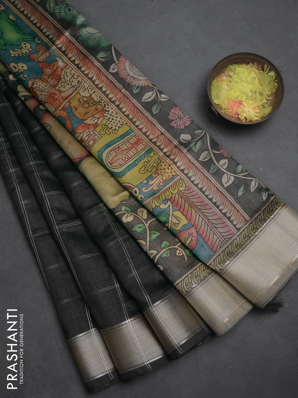 Semi dupion saree black with allover zari checks pattern and madhubani printed pallu & blouse