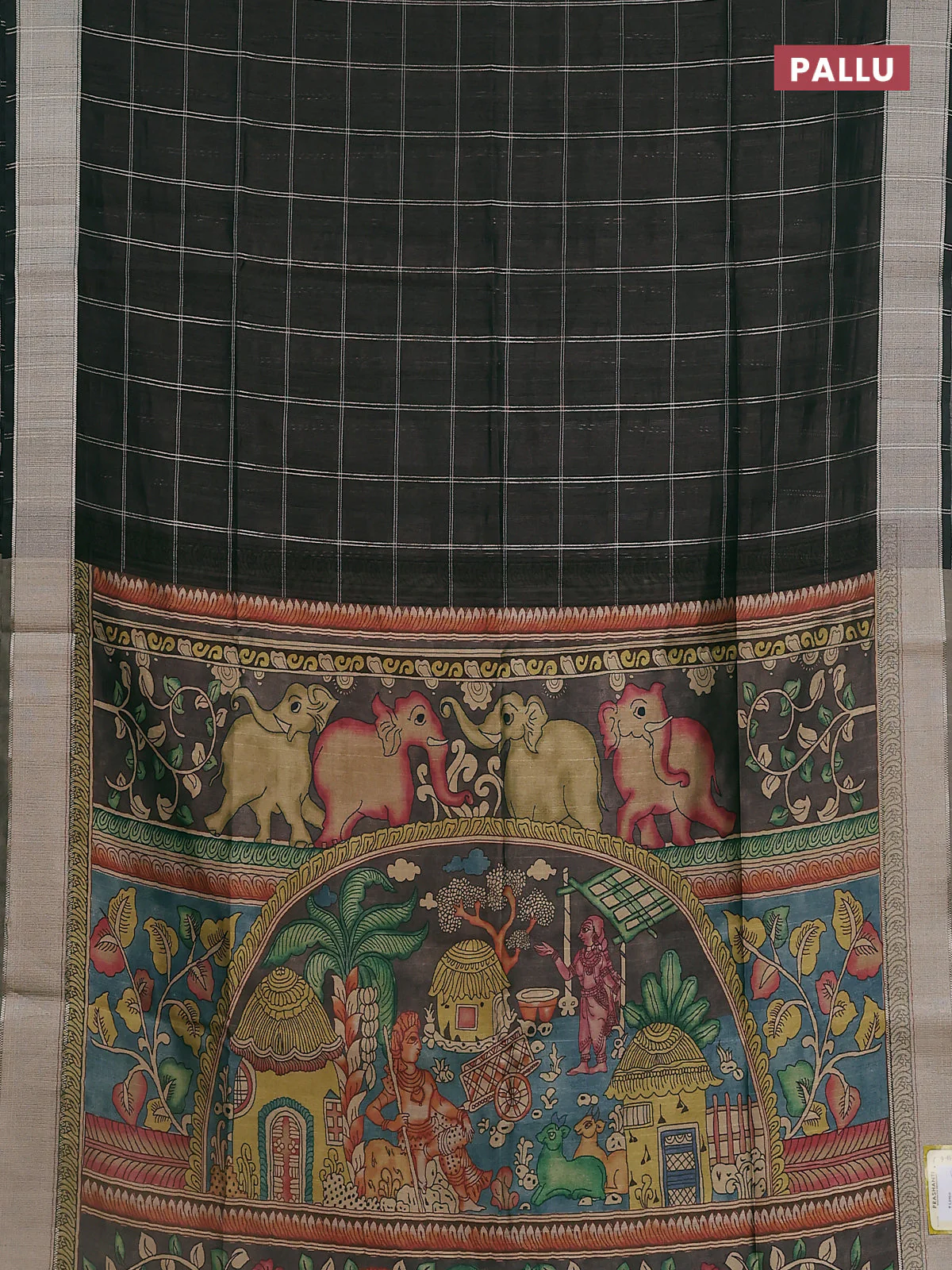 Semi dupion saree black with allover zari checks pattern and madhubani printed pallu & blouse - Image 3