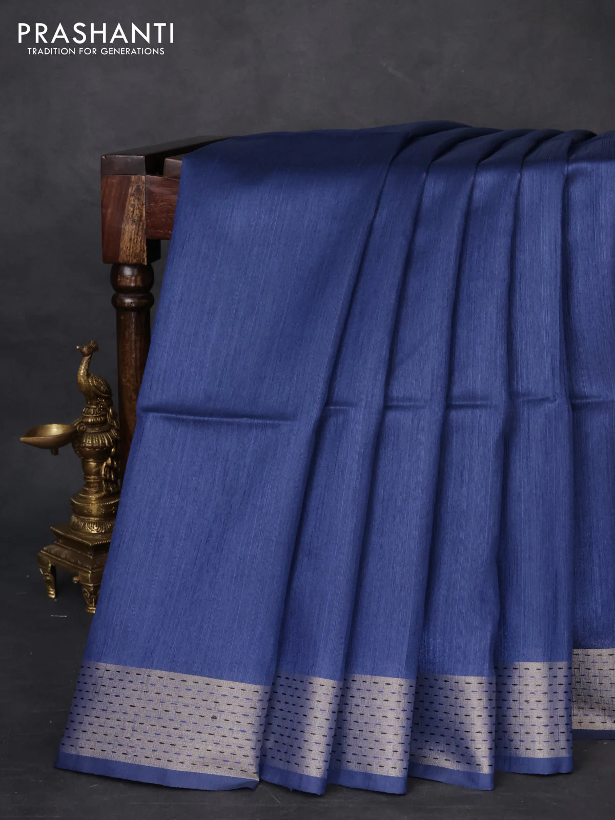 Semi dupion saree blue and beige with plain body and madhubani printed pallu - Image 2