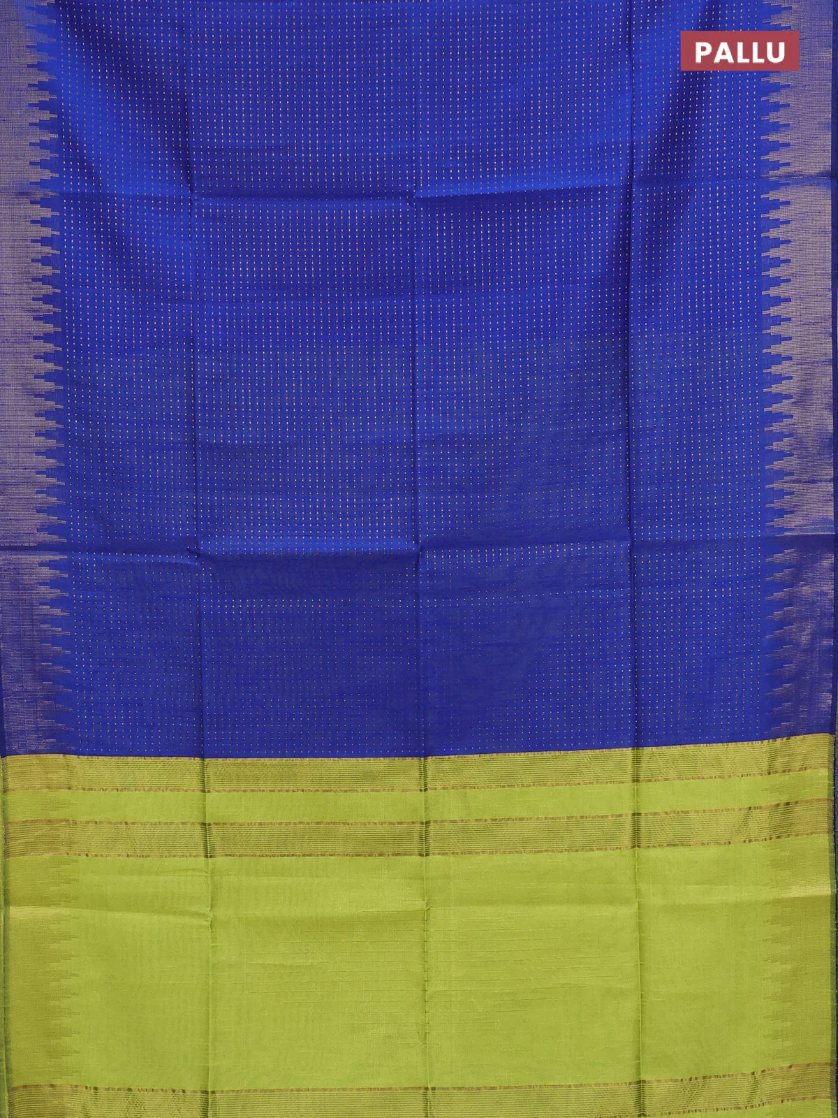 Semi dupion saree blue and fluorescent green with allover zari weaves and temple zari woven border - Image 3