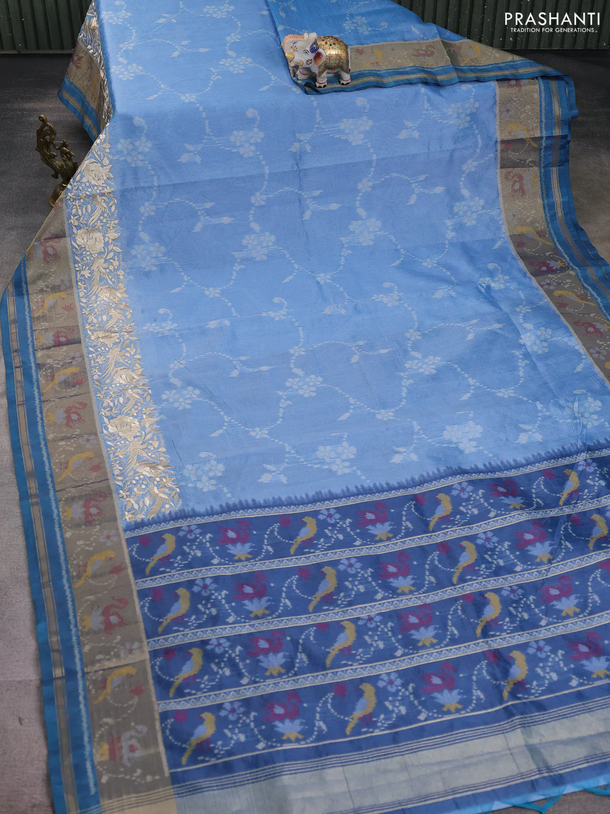 Semi dupion saree blue shade and peacock blue with allover thread weaves and parsi embroidery work zari woven border - Image 2