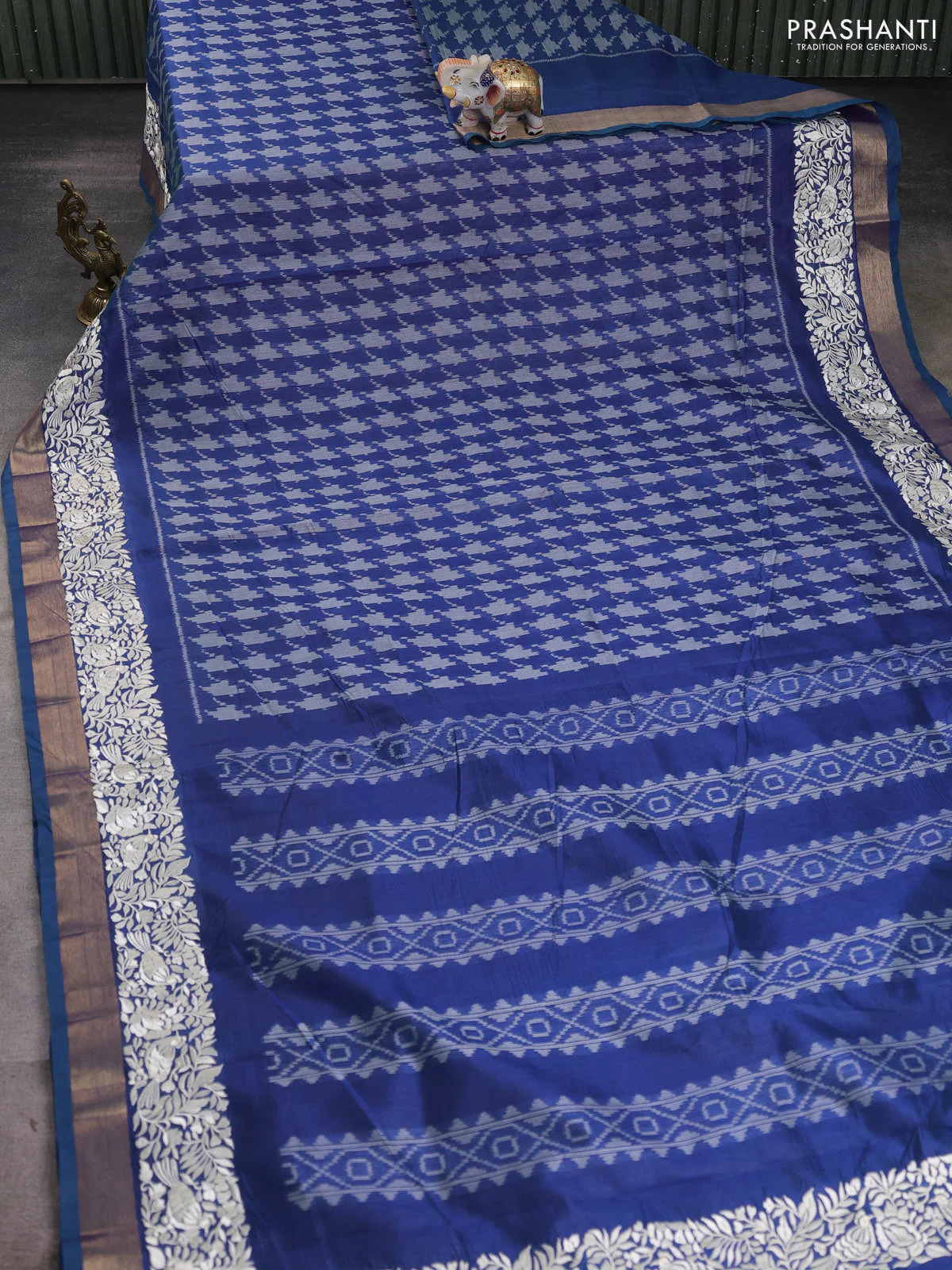 Semi dupion saree blue with allover thread weaves and parsi embroidery work zari woven border - Image 2