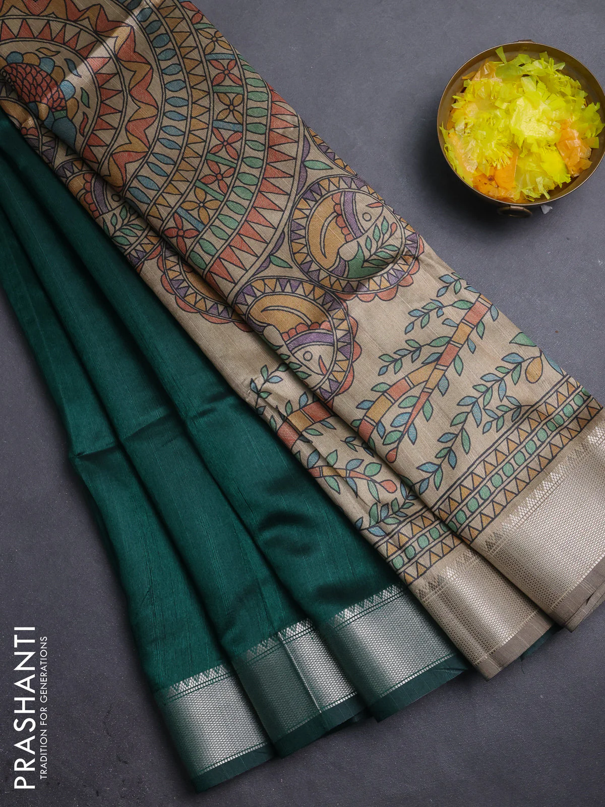 Semi dupion saree bottle green and beige with plain body and madhubani printed pallu & blouse