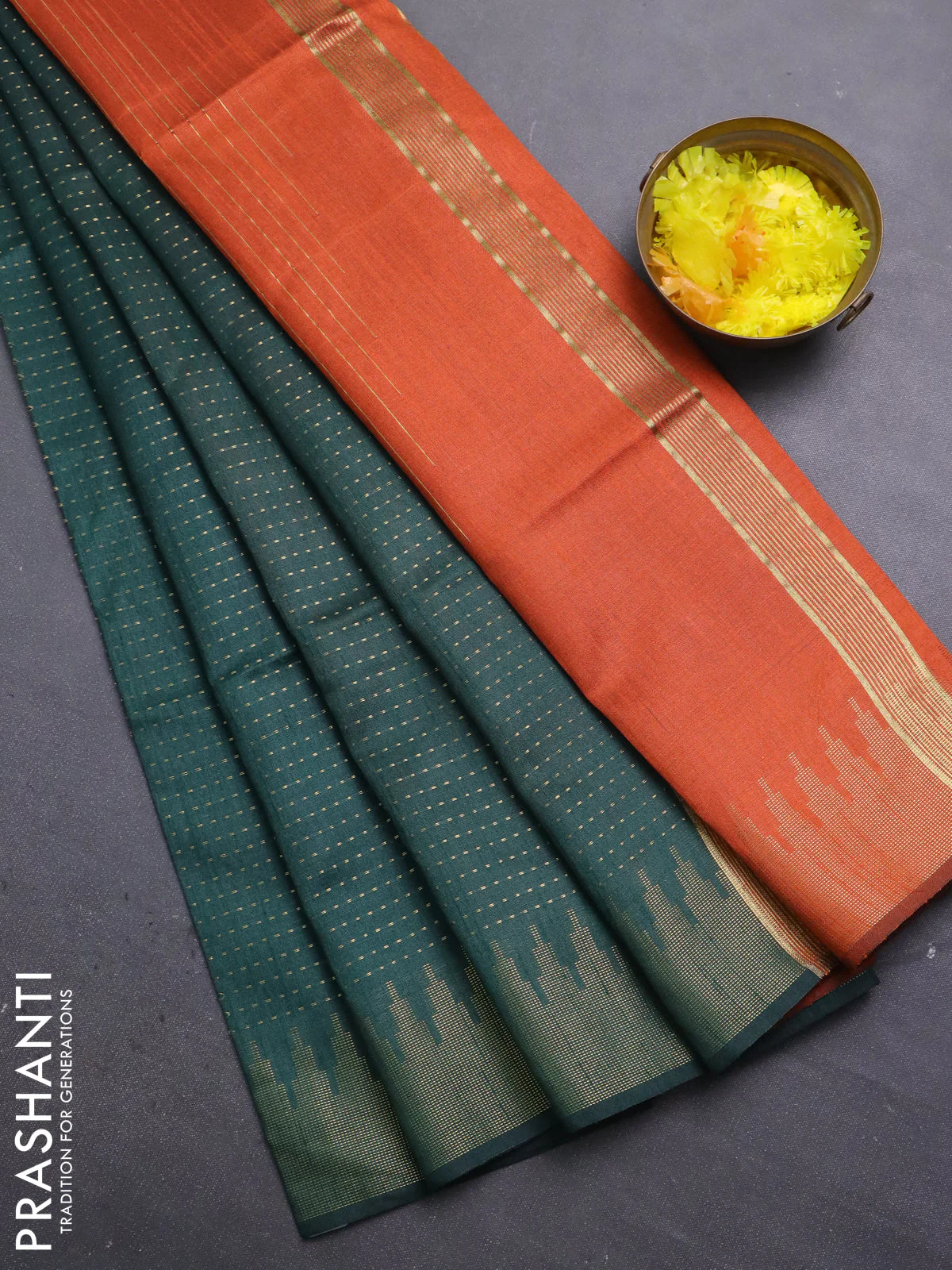 Semi dupion saree bottle green and orange with allover zari weaves and temple zari woven border