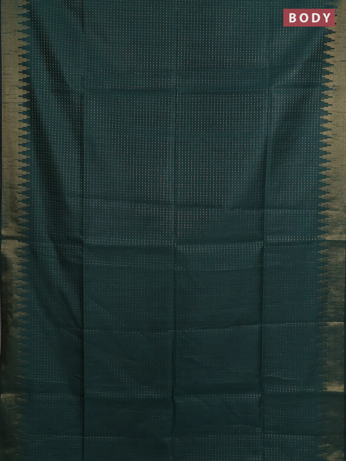 Semi dupion saree bottle green and orange with allover zari weaves and temple zari woven border - Image 2