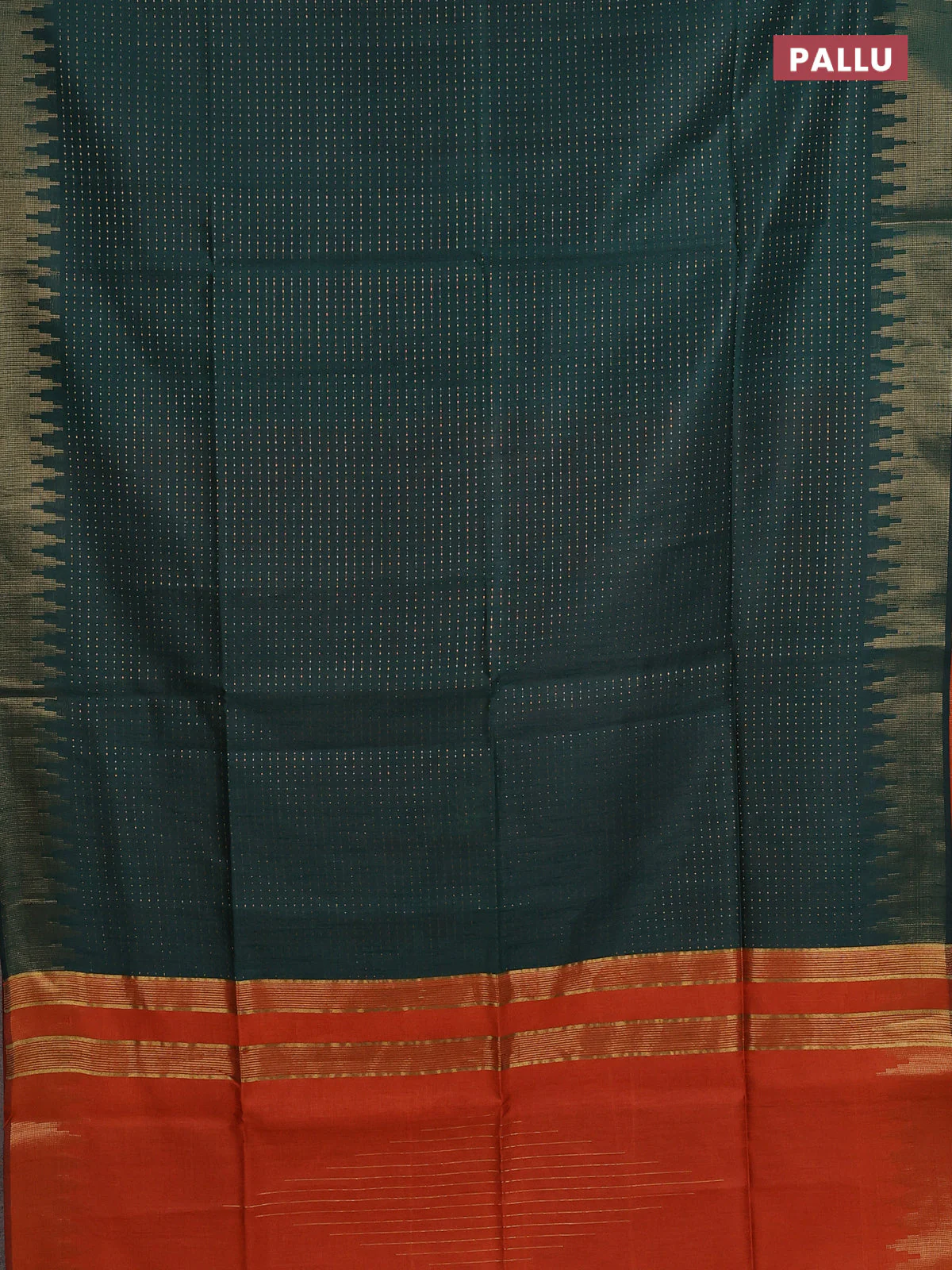 Semi dupion saree bottle green and orange with allover zari weaves and temple zari woven border - Image 3