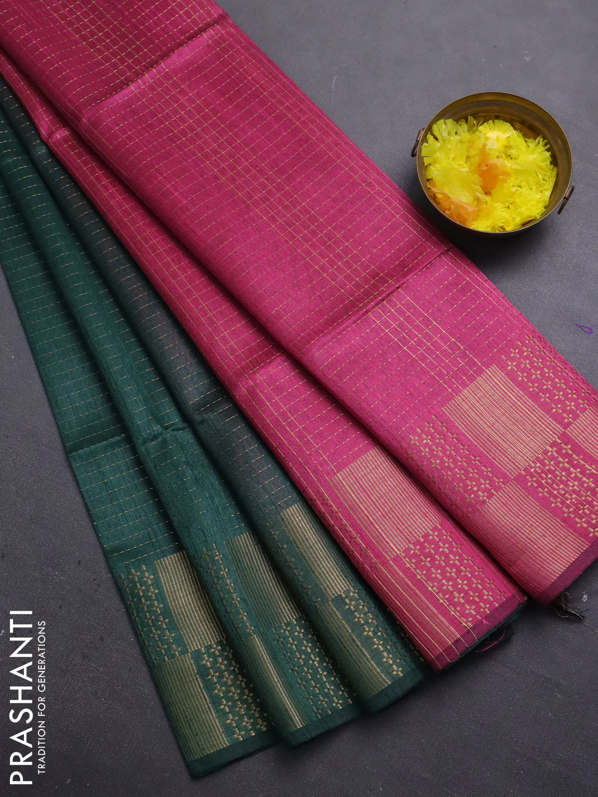 Semi dupion saree bottle green and pink with allover zari stripes pattern and zari woven border