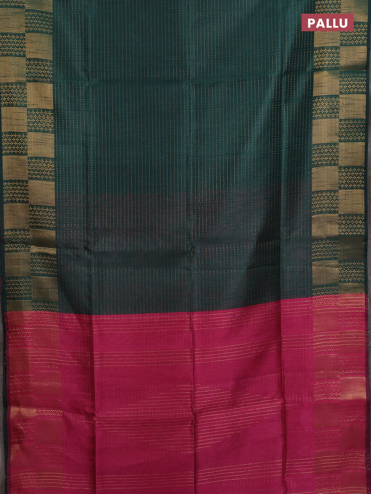 Semi dupion saree bottle green and pink with allover zari stripes pattern and zari woven border - Image 3