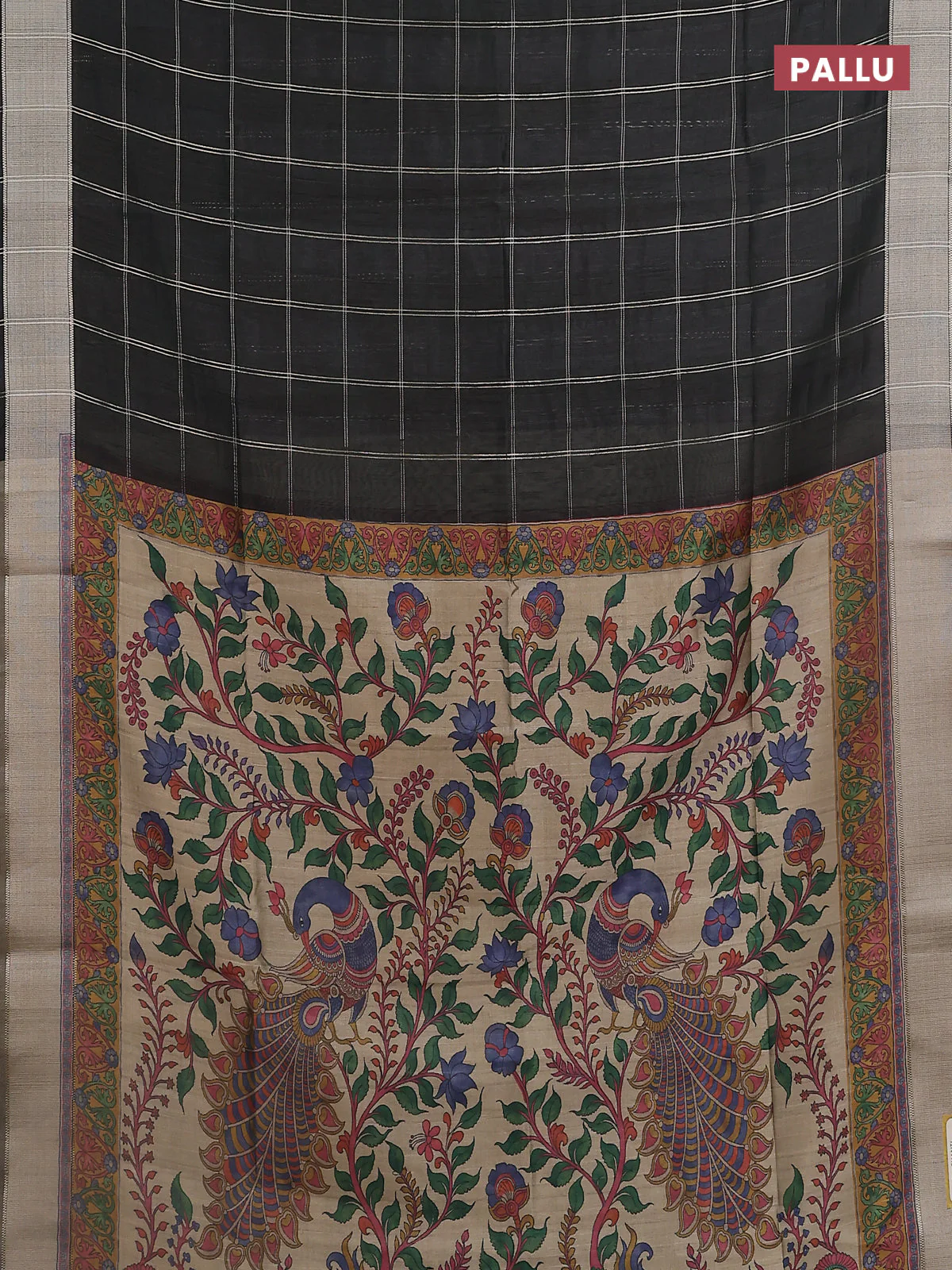 Semi dupion saree bottle green with allover zari checks pattern and madhubani printed pallu & blouse - Image 3