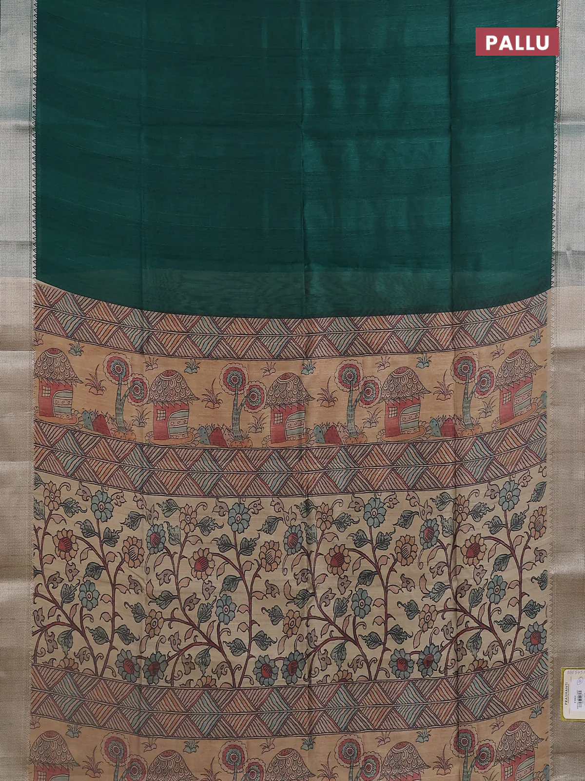 Semi dupion saree bottle green with plain body and madhubani printed pallu & blouse - Image 3