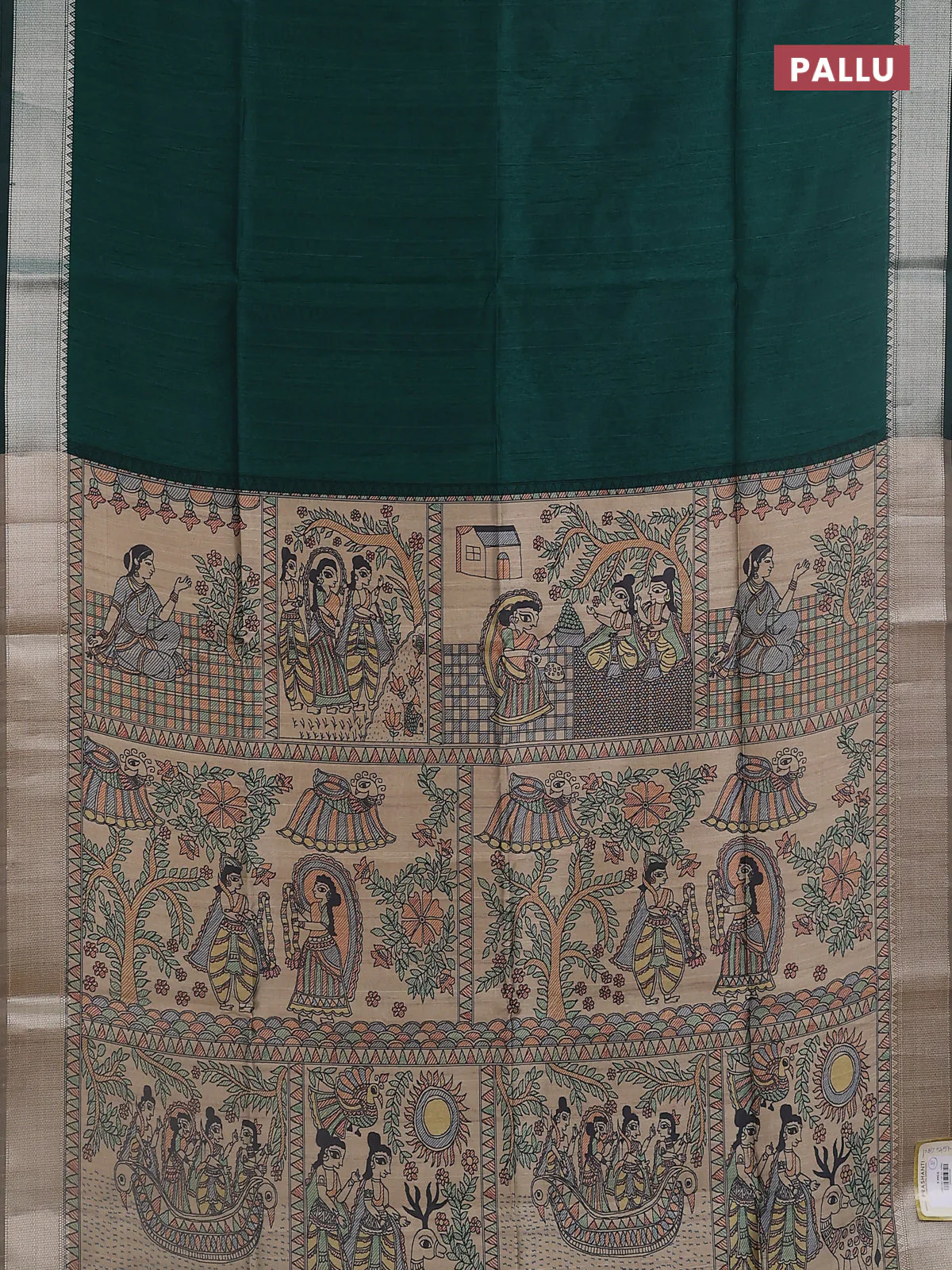 Semi dupion saree bottle green with plain body and madhubani printed pallu & blouse - Image 3