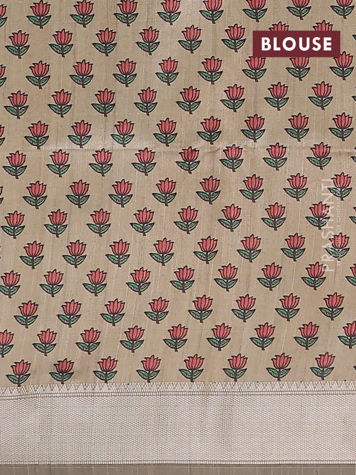 Semi dupion saree bottle green with plain body and madhubani printed pallu & blouse - Image 4