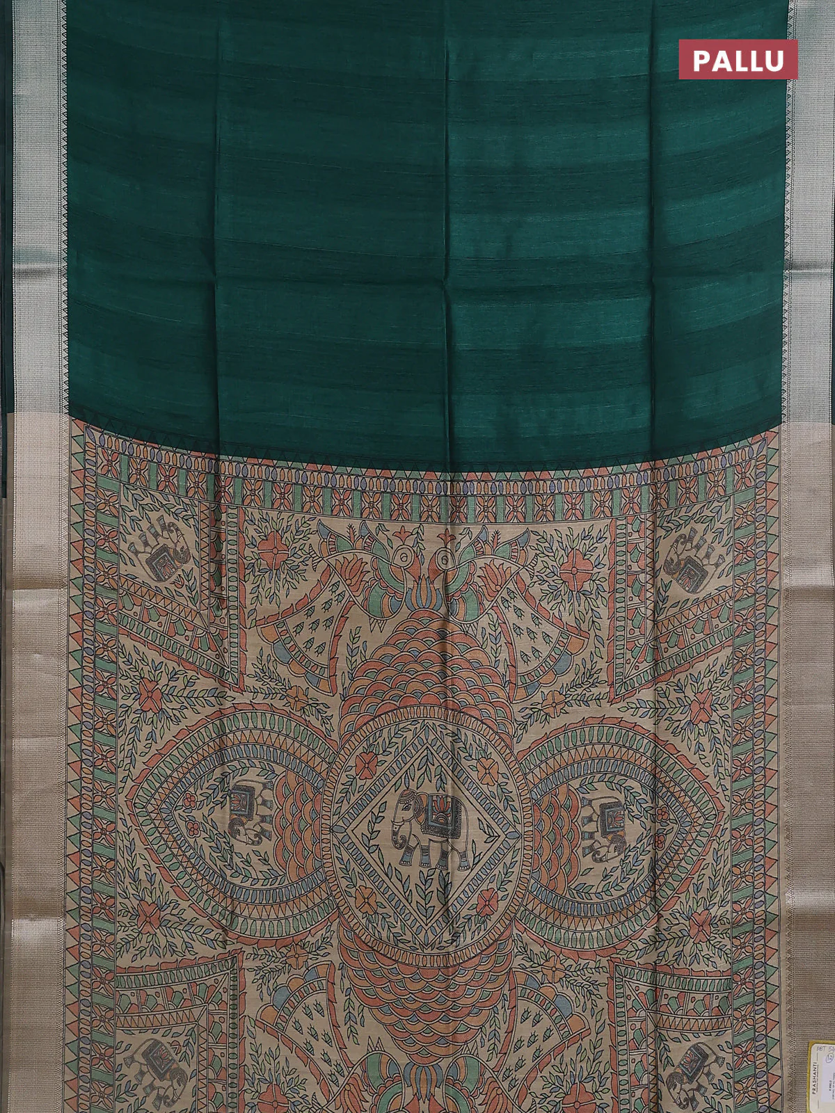 Semi dupion saree bottle green with plain body and madhubani printed pallu & blouse - Image 3