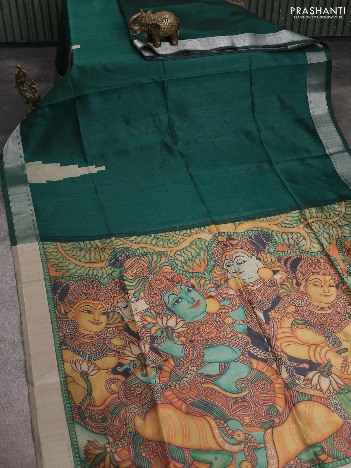 Semi dupion saree bottle green with plain body and mural printed pallu