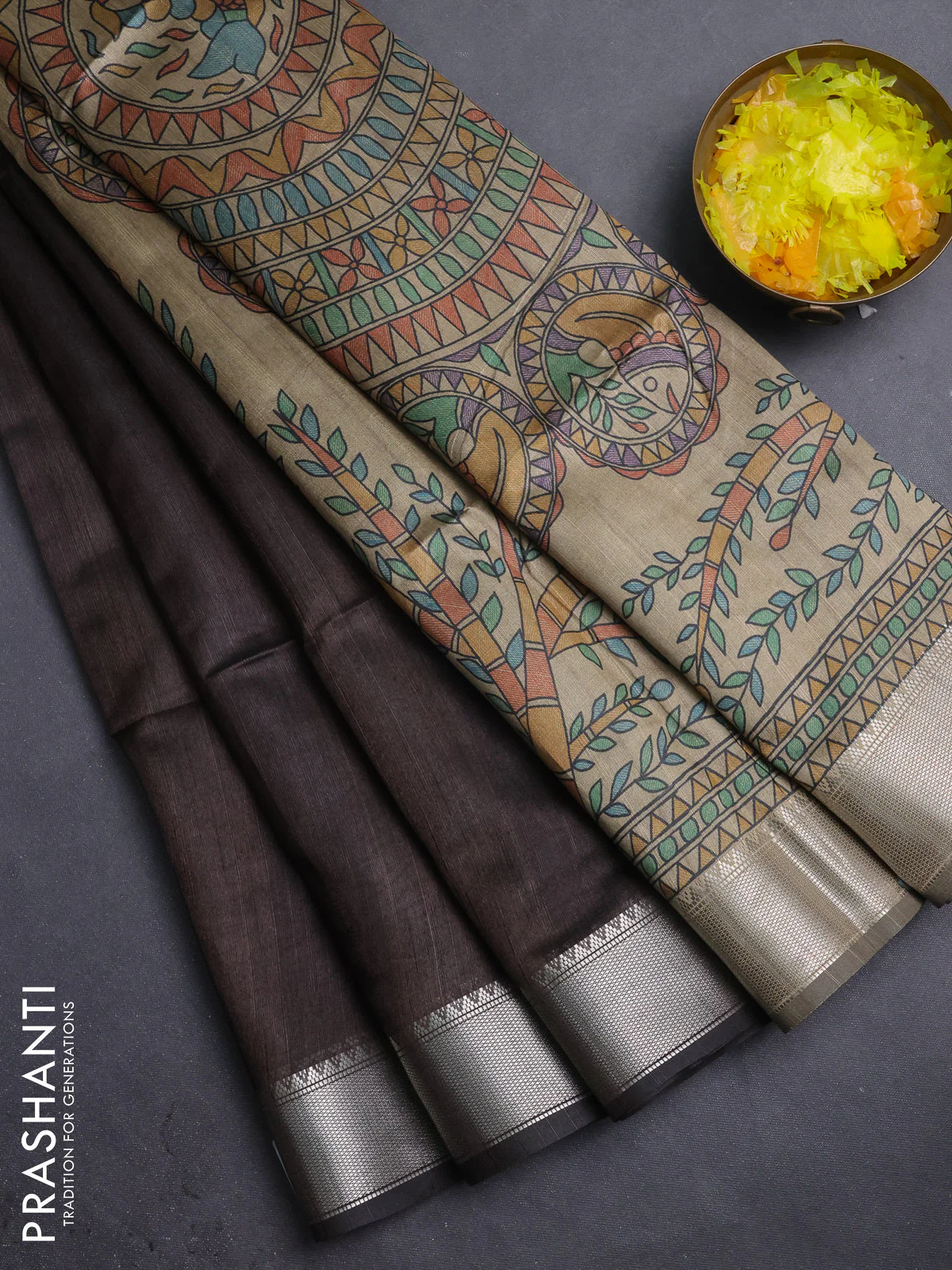 Semi dupion saree coffee brown and beige with plain body and madhubani printed pallu & blouse
