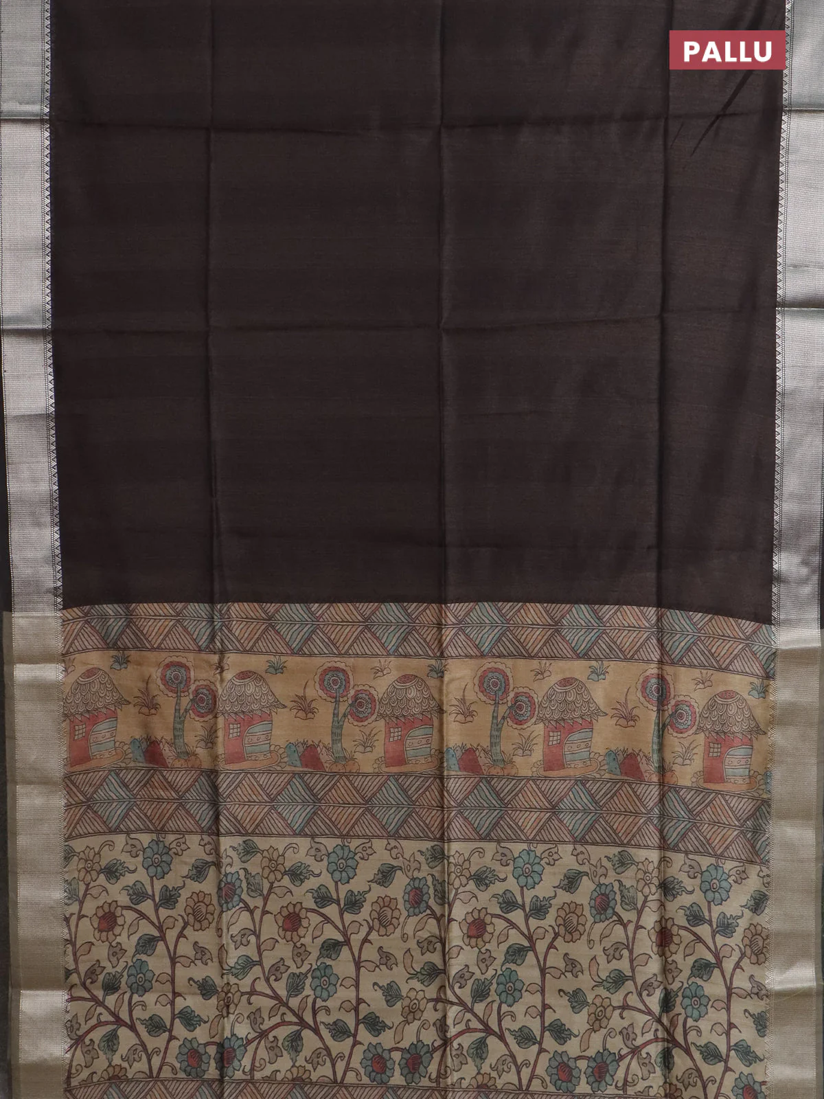 Semi dupion saree coffee brown with plain body and madhubani printed pallu & blouse - Image 3