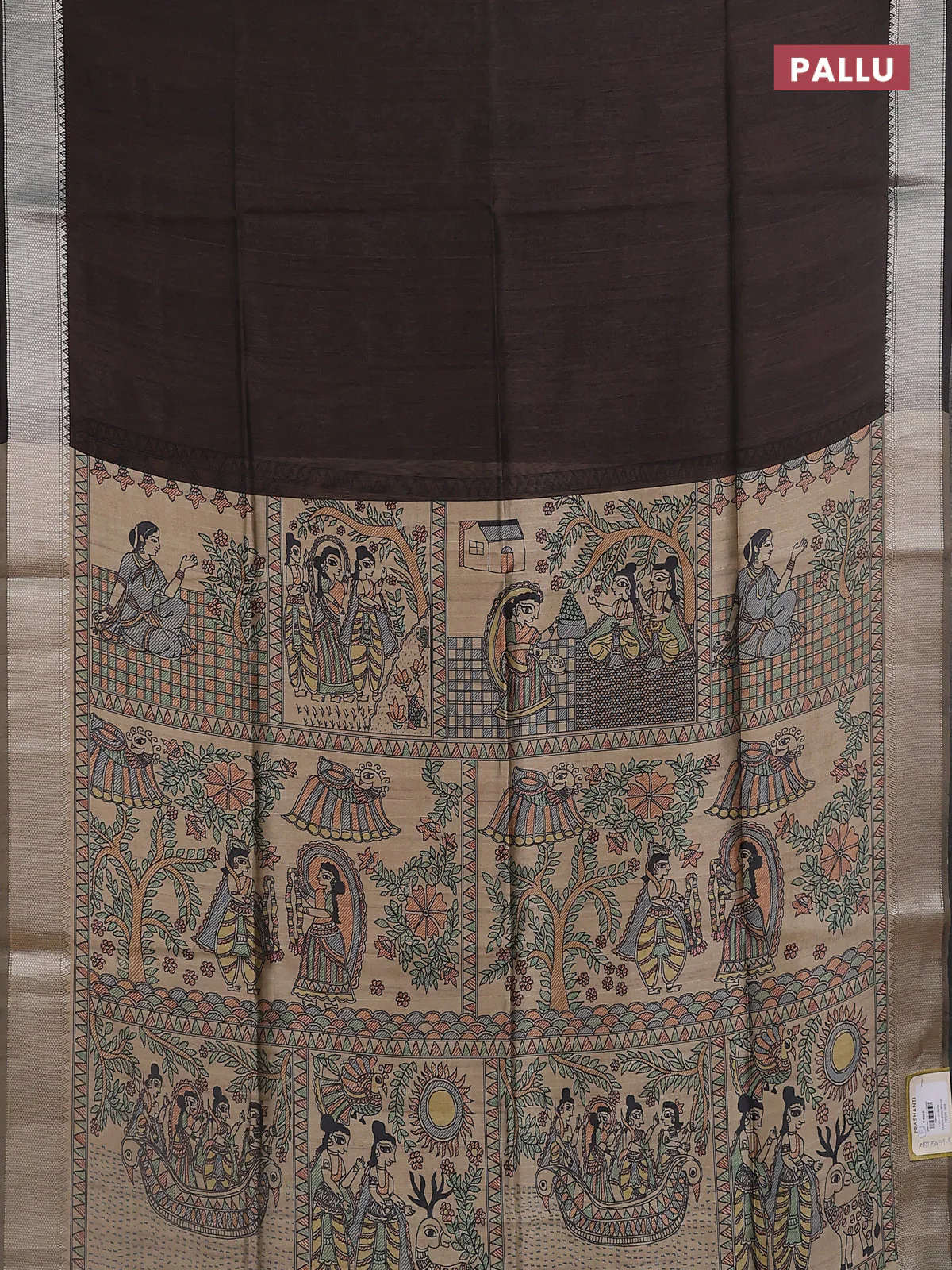 Semi dupion saree coffee brown with plain body and madhubani printed pallu & blouse - Image 3