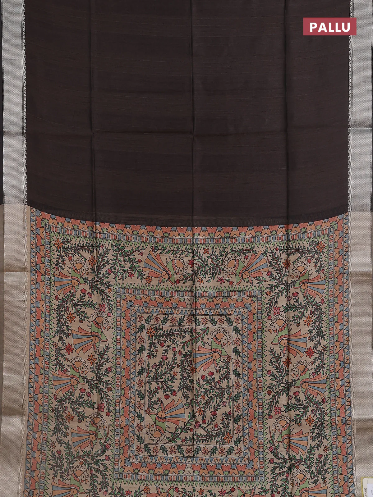 Semi dupion saree coffee brown with plain body and madhubani printed pallu & blouse - Image 3