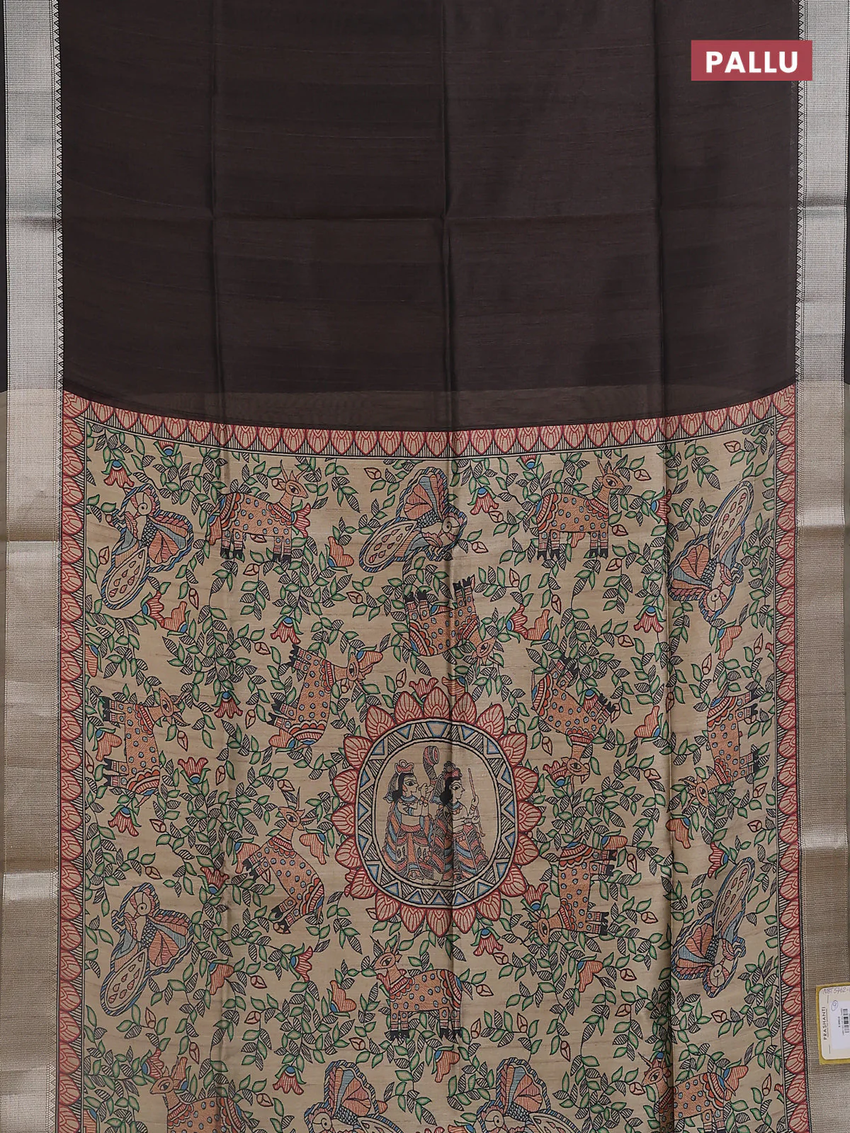 Semi dupion saree coffee brown with plain body and madhubani printed pallu & blouse - Image 3