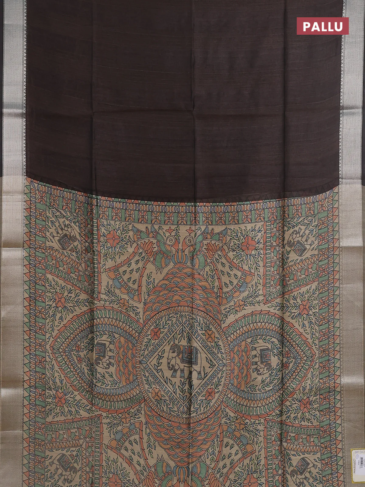 Semi dupion saree coffee brown with plain body and madhubani printed pallu & blouse - Image 3