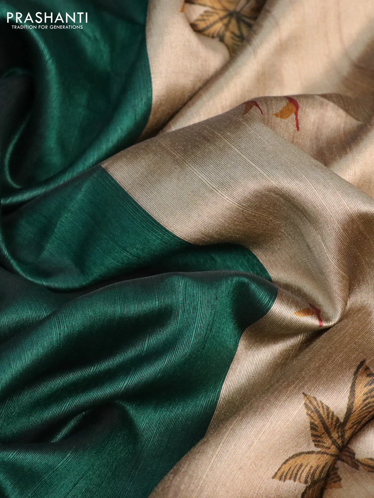 Semi dupion saree dark green and beige with plain body and printed pallu - Image 3