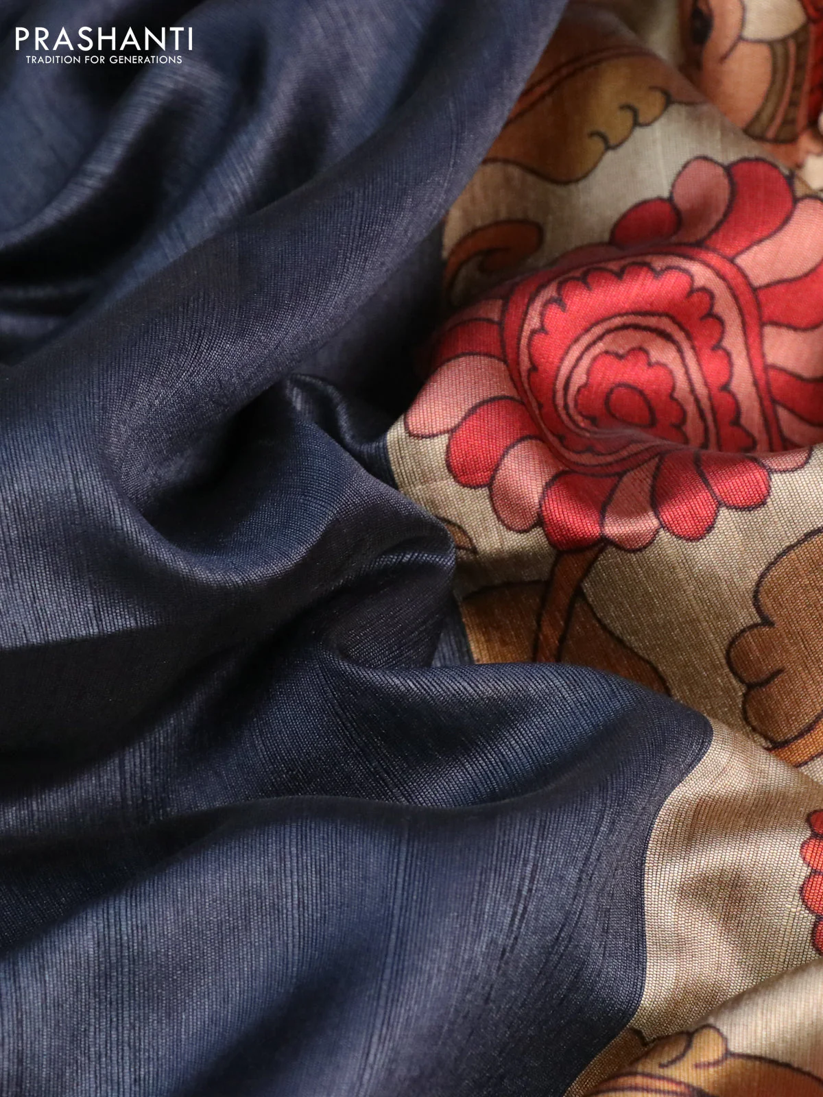 Semi dupion saree dark grey and beige with plain body and printed pallu - Image 3