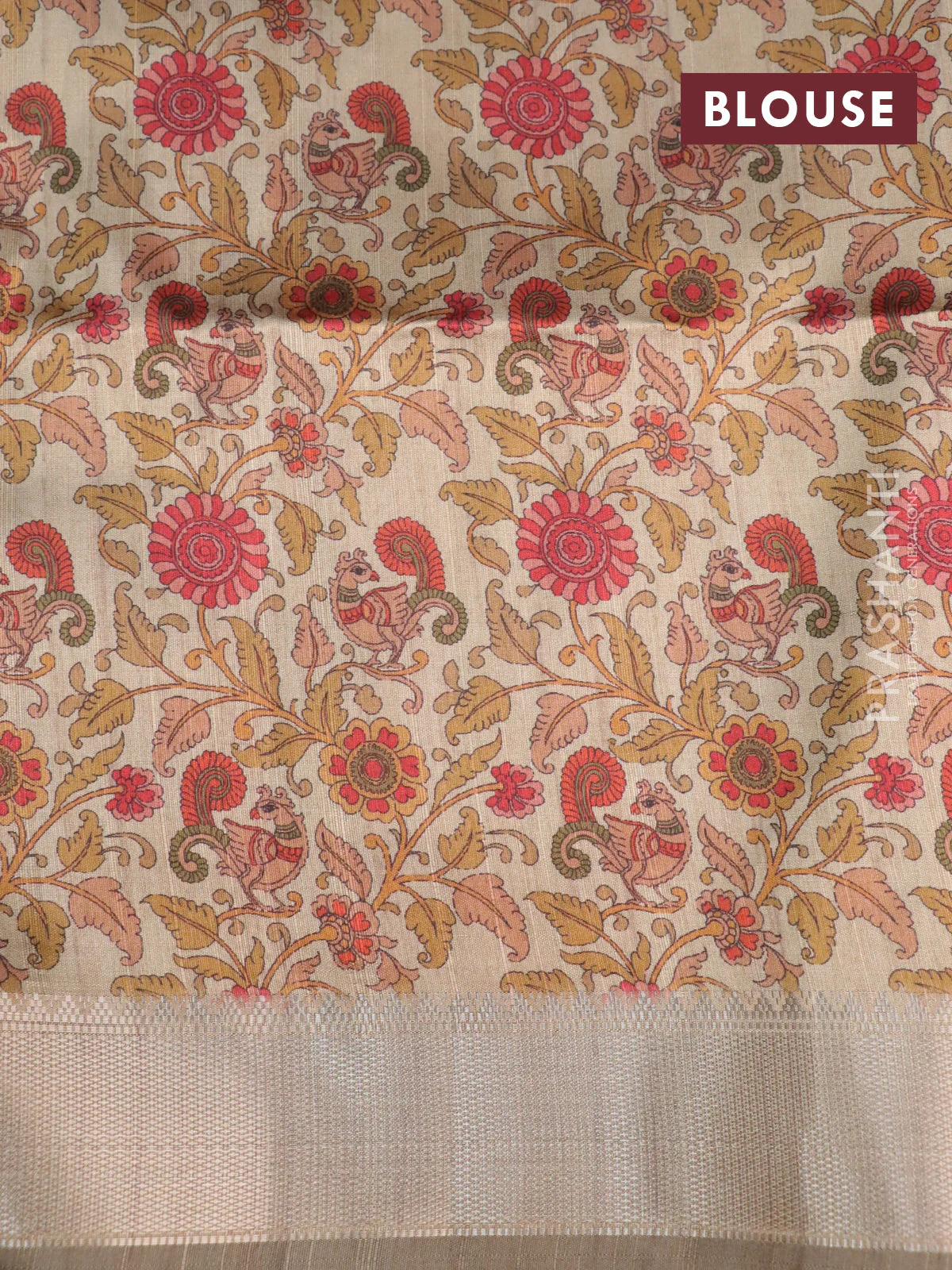 Semi dupion saree dark grey and beige with plain body and printed pallu - Image 4