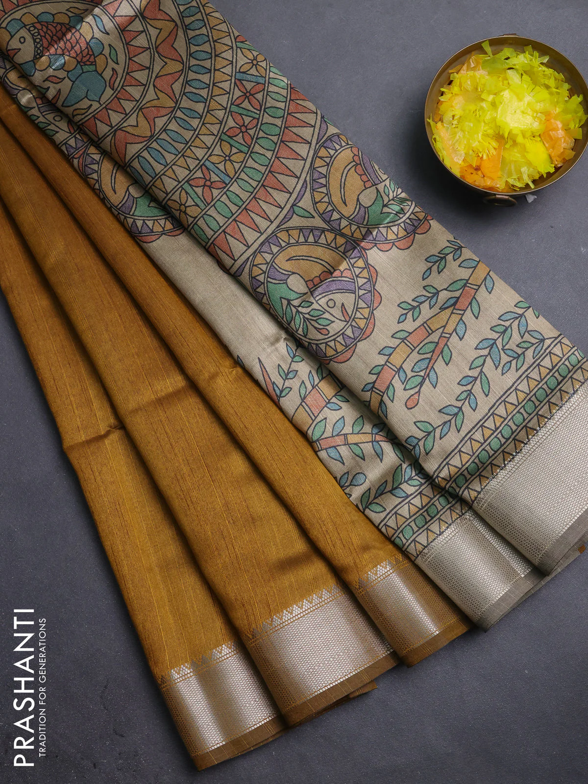 Semi dupion saree dark mustard and beige with plain body and madhubani printed pallu & blouse