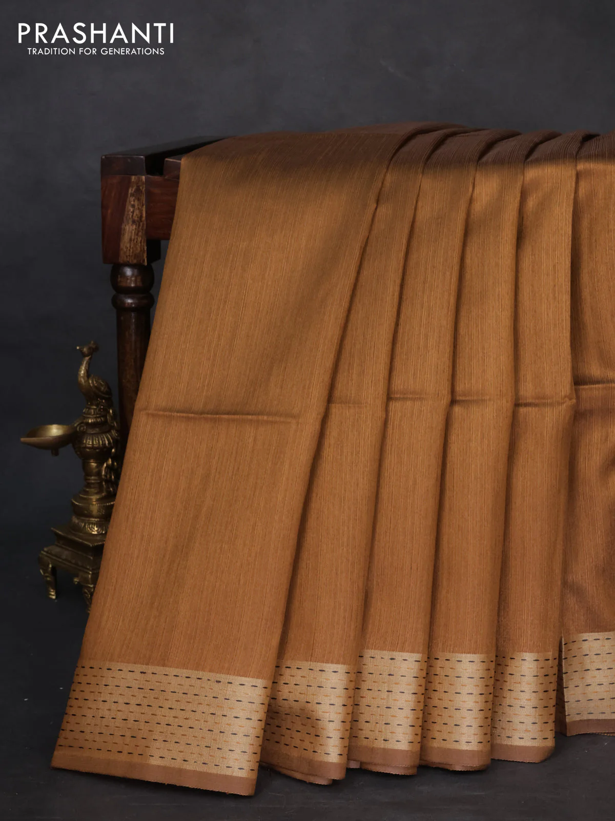 Semi dupion saree dark mustard and beige with plain body and madhubani printed pallu - Image 2