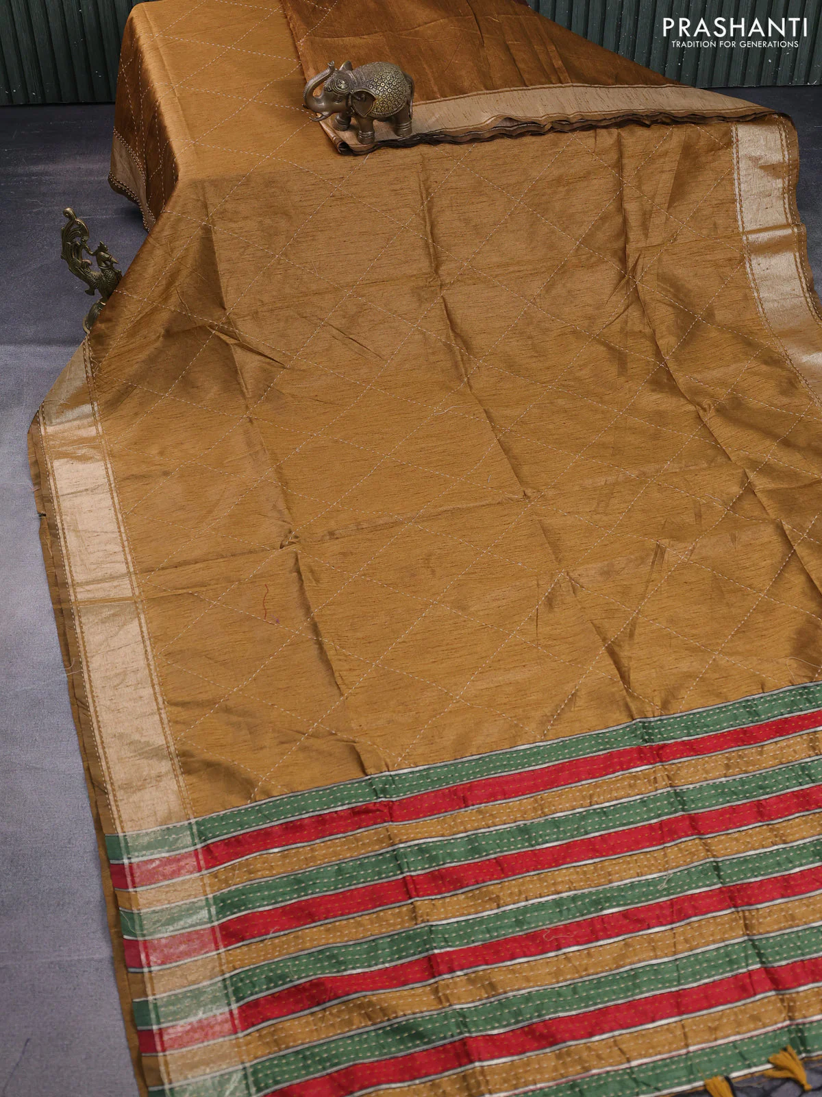 Semi dupion saree dark mustard and multi colour with allover kantha stitch work and zari woven border - Image 2