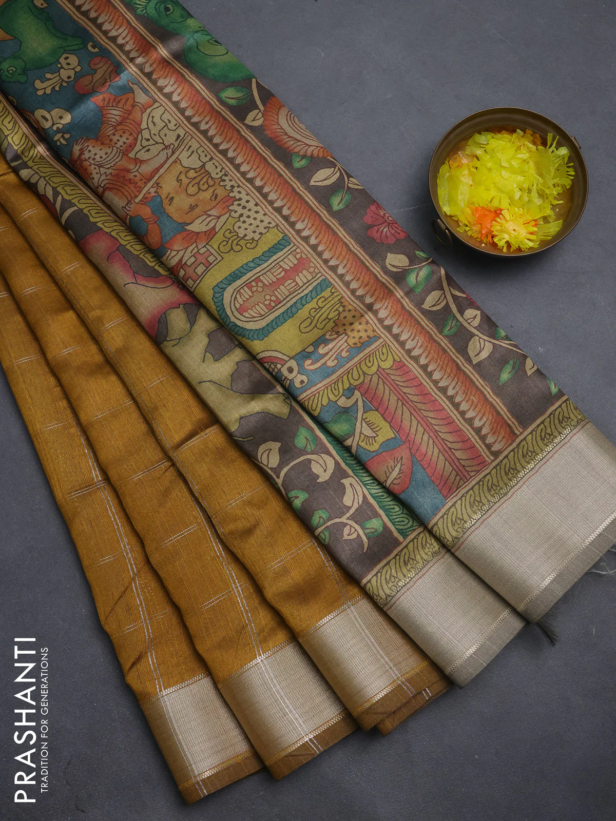 Semi dupion saree dark mustard with allover zari checks pattern and madhubani printed pallu & blouse