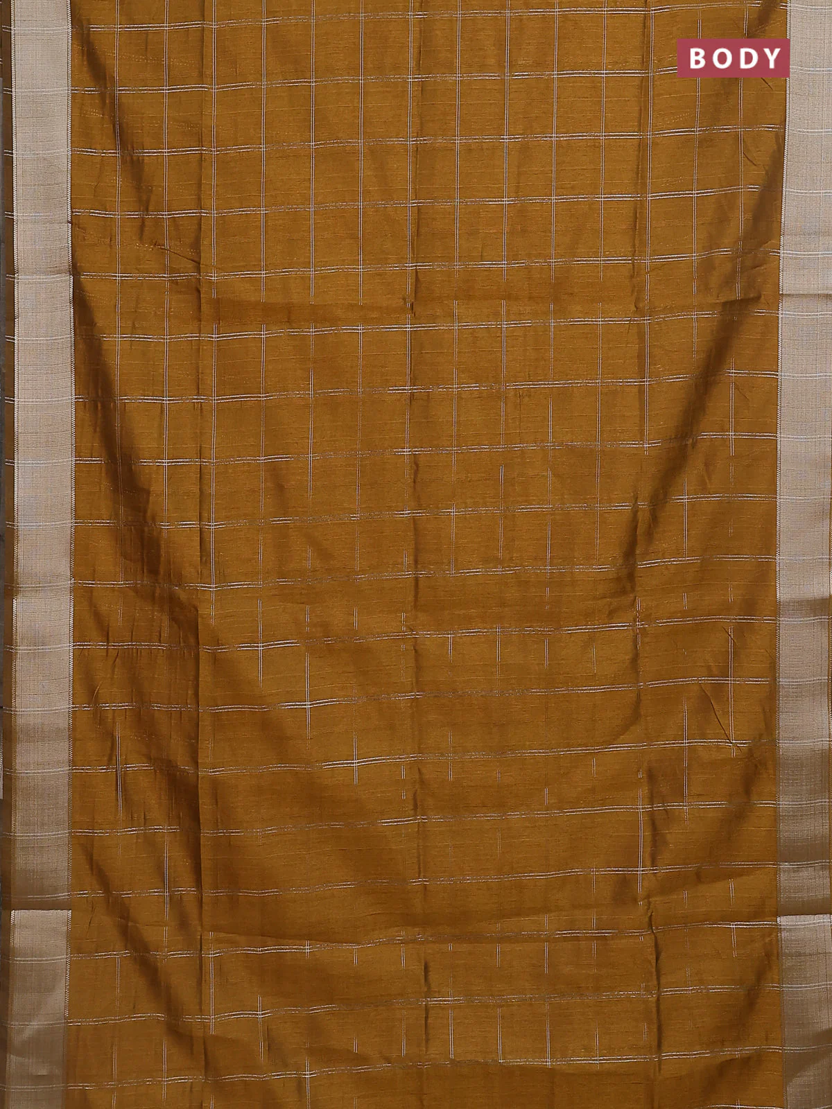 Semi dupion saree dark mustard with allover zari checks pattern and madhubani printed pallu & blouse - Image 2