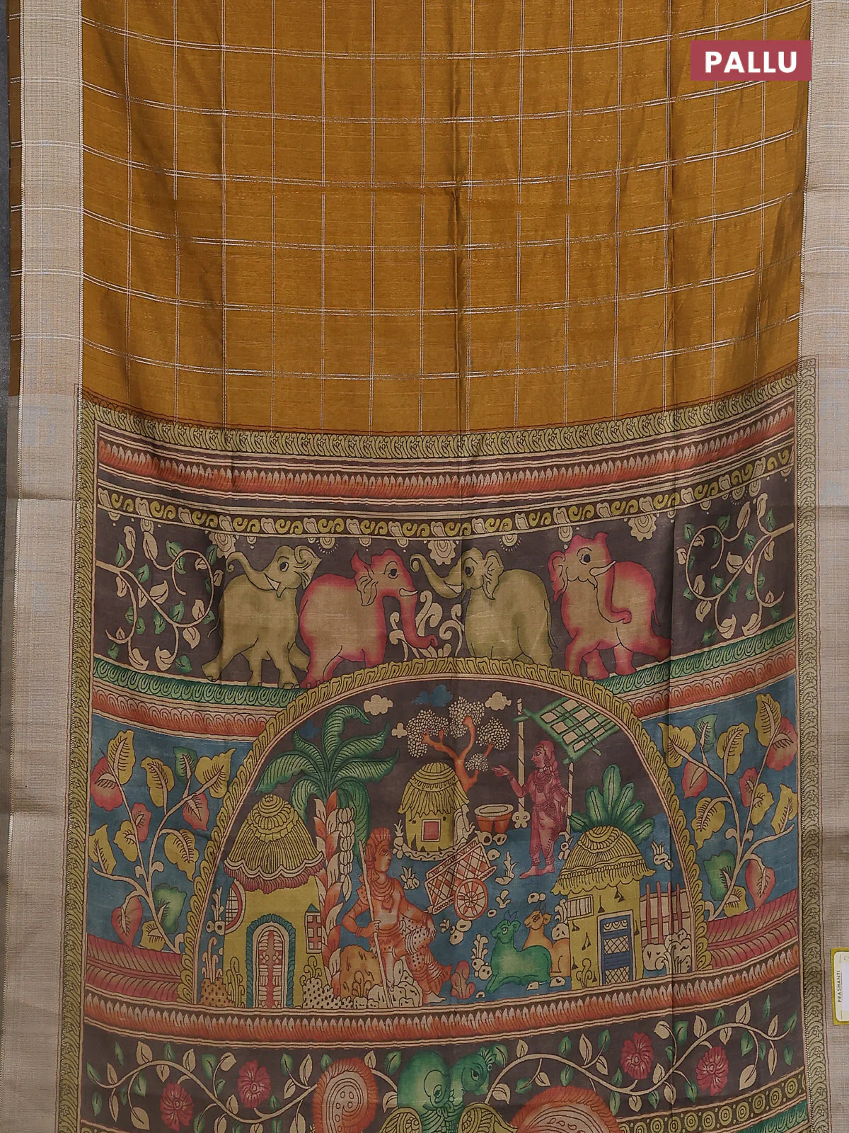 Semi dupion saree dark mustard with allover zari checks pattern and madhubani printed pallu & blouse - Image 3