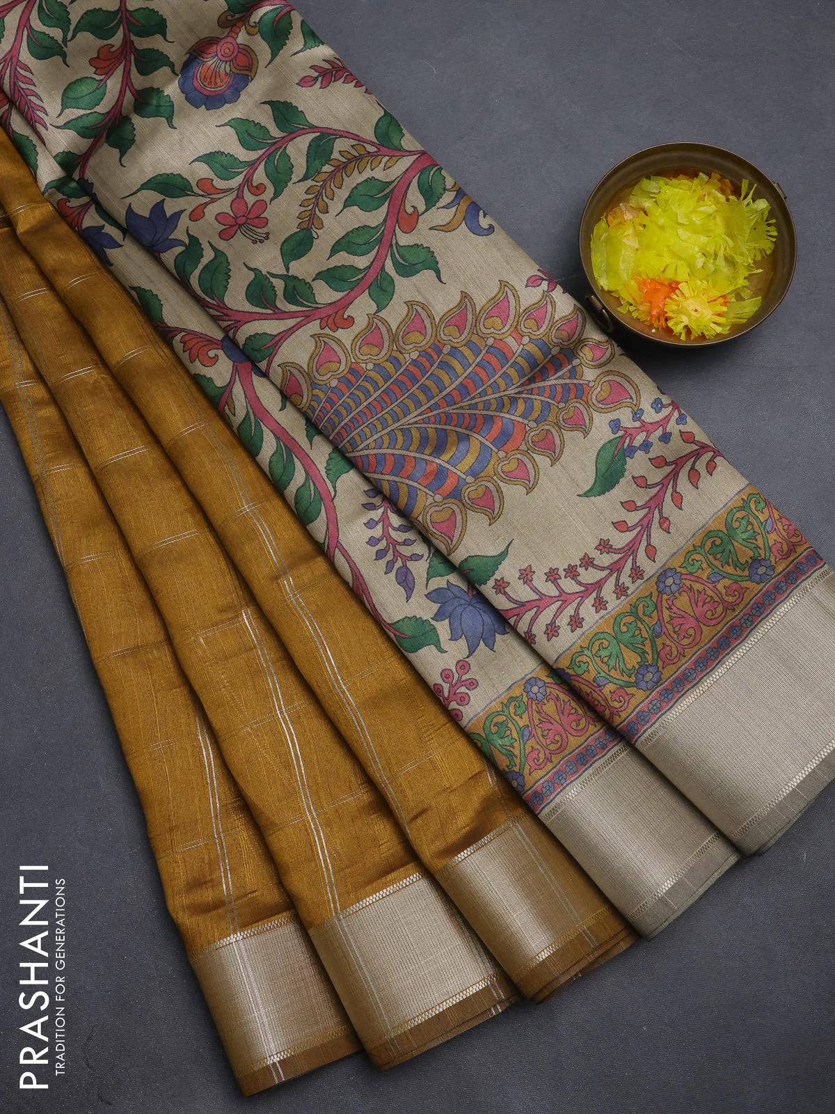 Semi dupion saree dark mustard with allover zari checks pattern and madhubani printed pallu & blouse