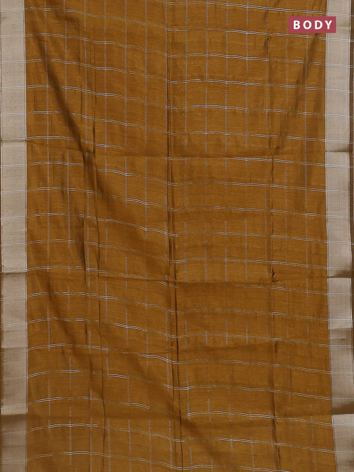 Semi dupion saree dark mustard with allover zari checks pattern and madhubani printed pallu & blouse - Image 2