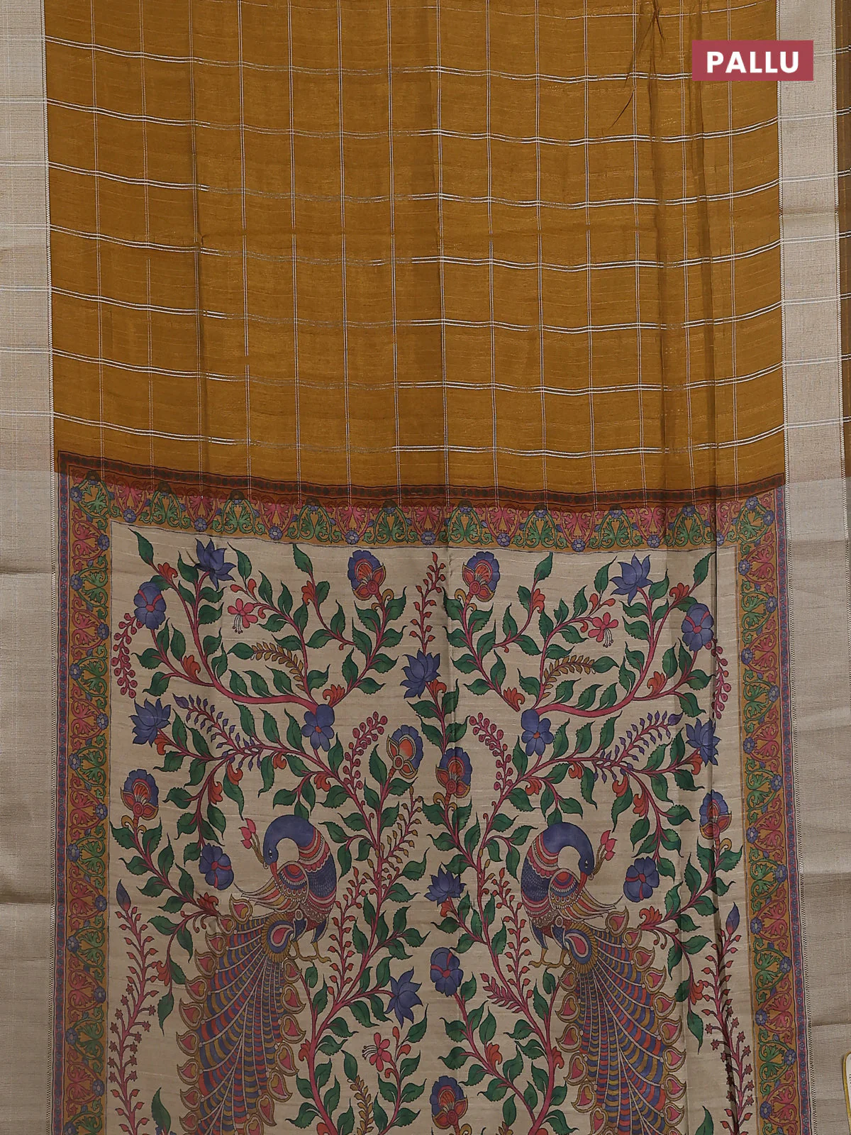 Semi dupion saree dark mustard with allover zari checks pattern and madhubani printed pallu & blouse - Image 3