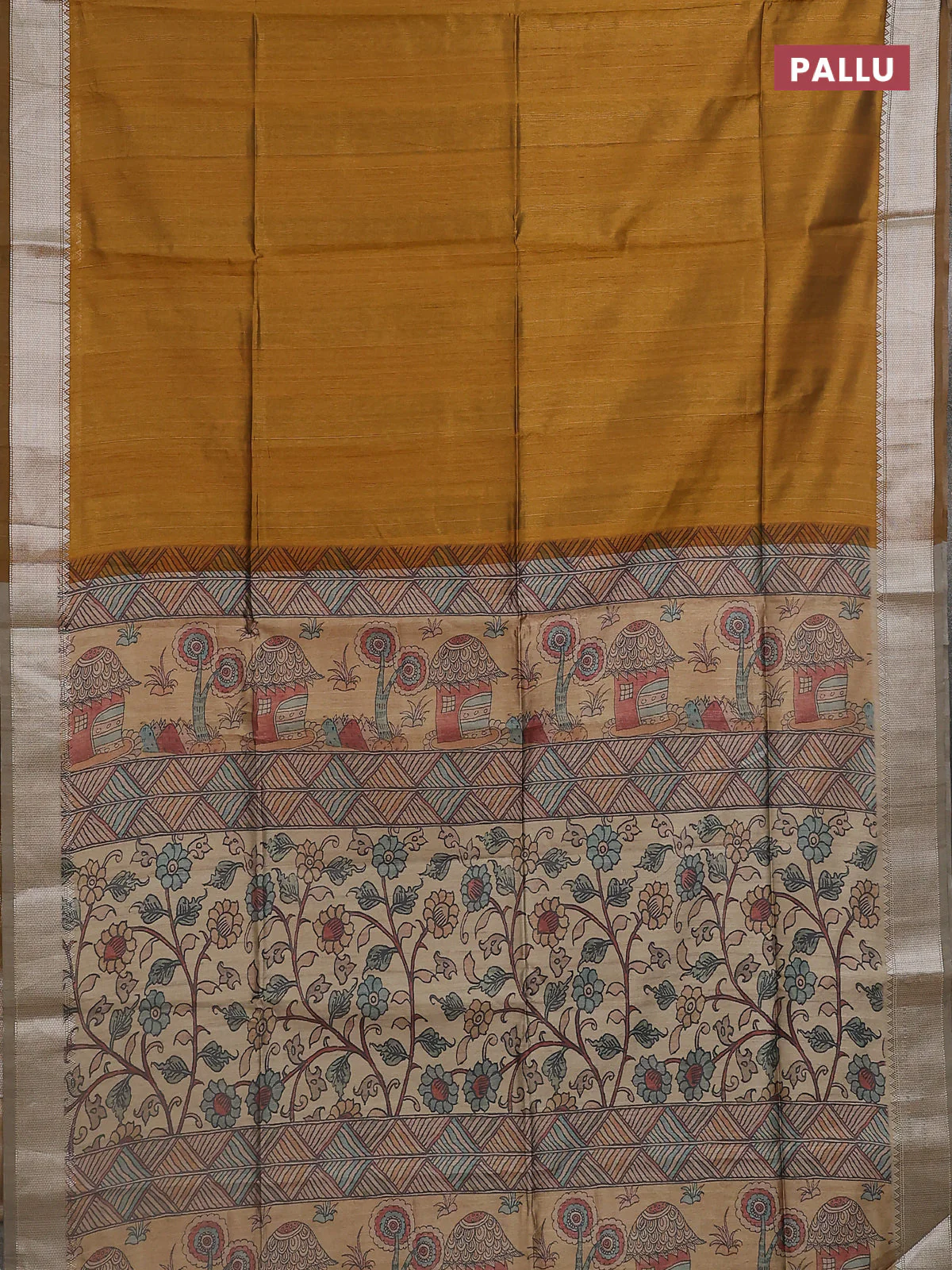 Semi dupion saree dark mustard with plain body and madhubani printed pallu & blouse - Image 3