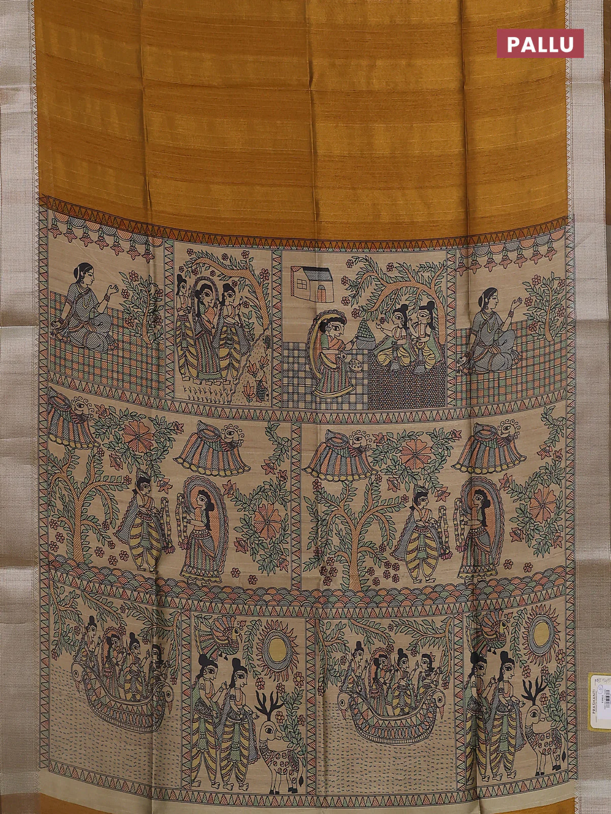 Semi dupion saree dark mustard with plain body and madhubani printed pallu & blouse - Image 3