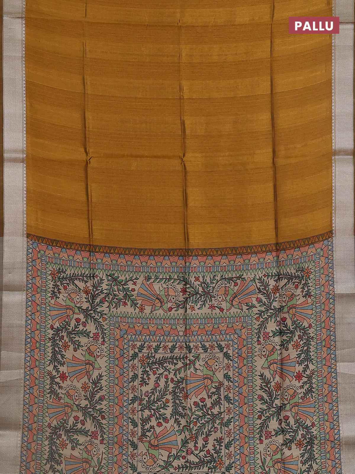 Semi dupion saree dark mustard with plain body and madhubani printed pallu & blouse - Image 3