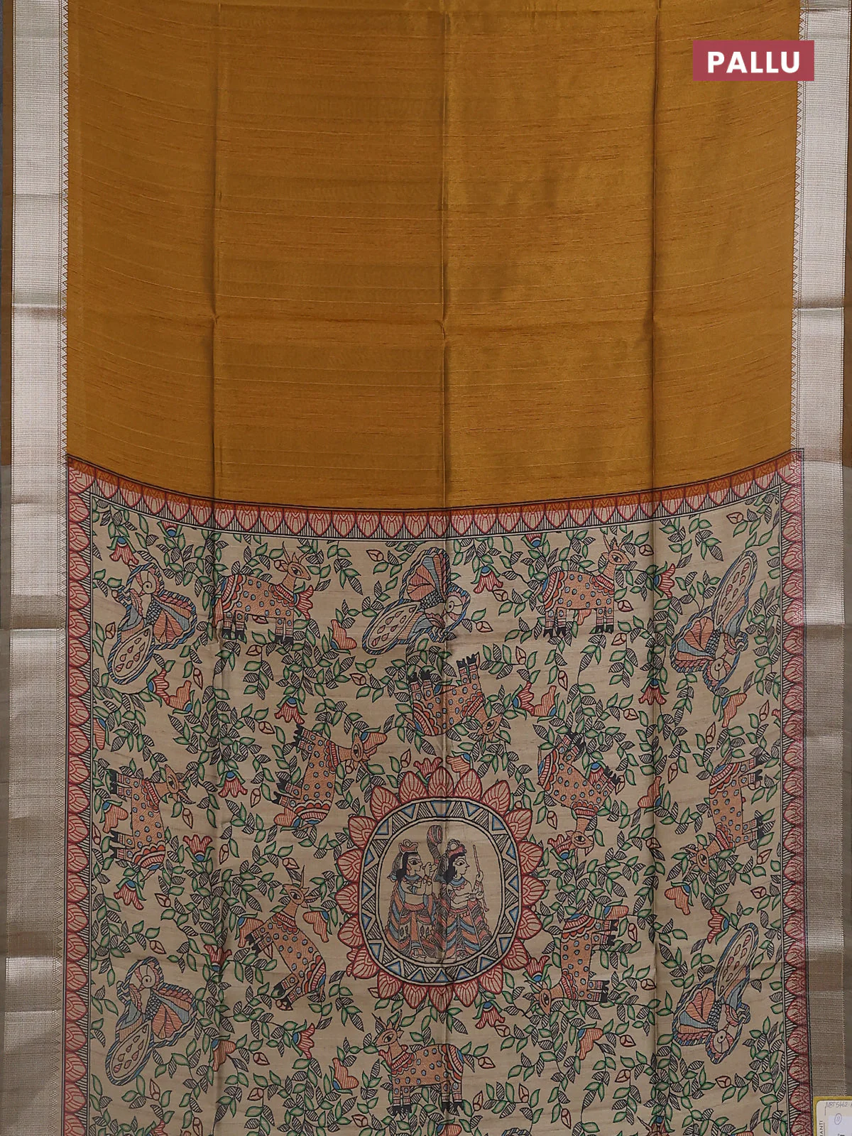 Semi dupion saree dark mustard with plain body and madhubani printed pallu & blouse - Image 3