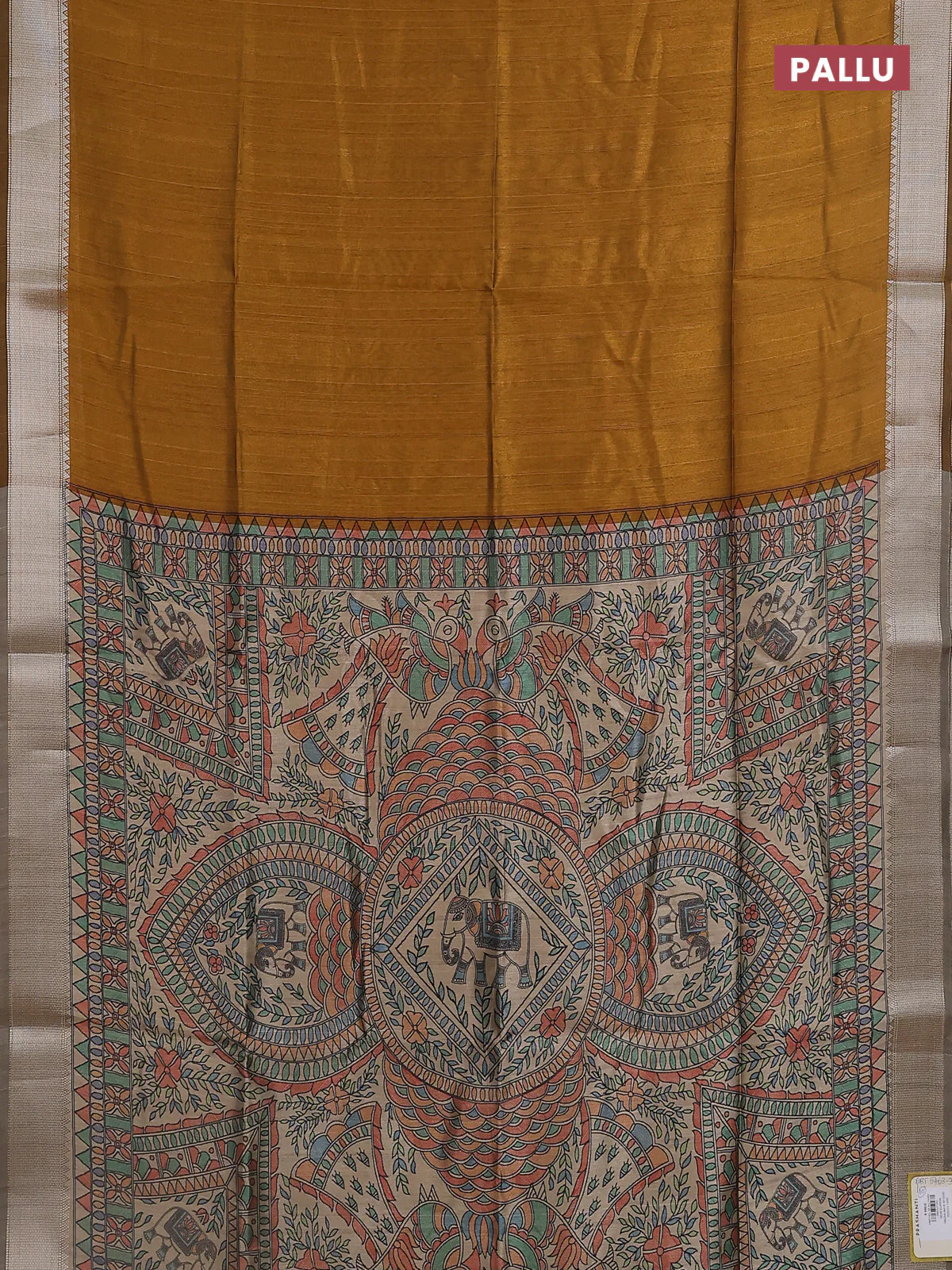 Semi dupion saree dark mustard with plain body and madhubani printed pallu & blouse - Image 3